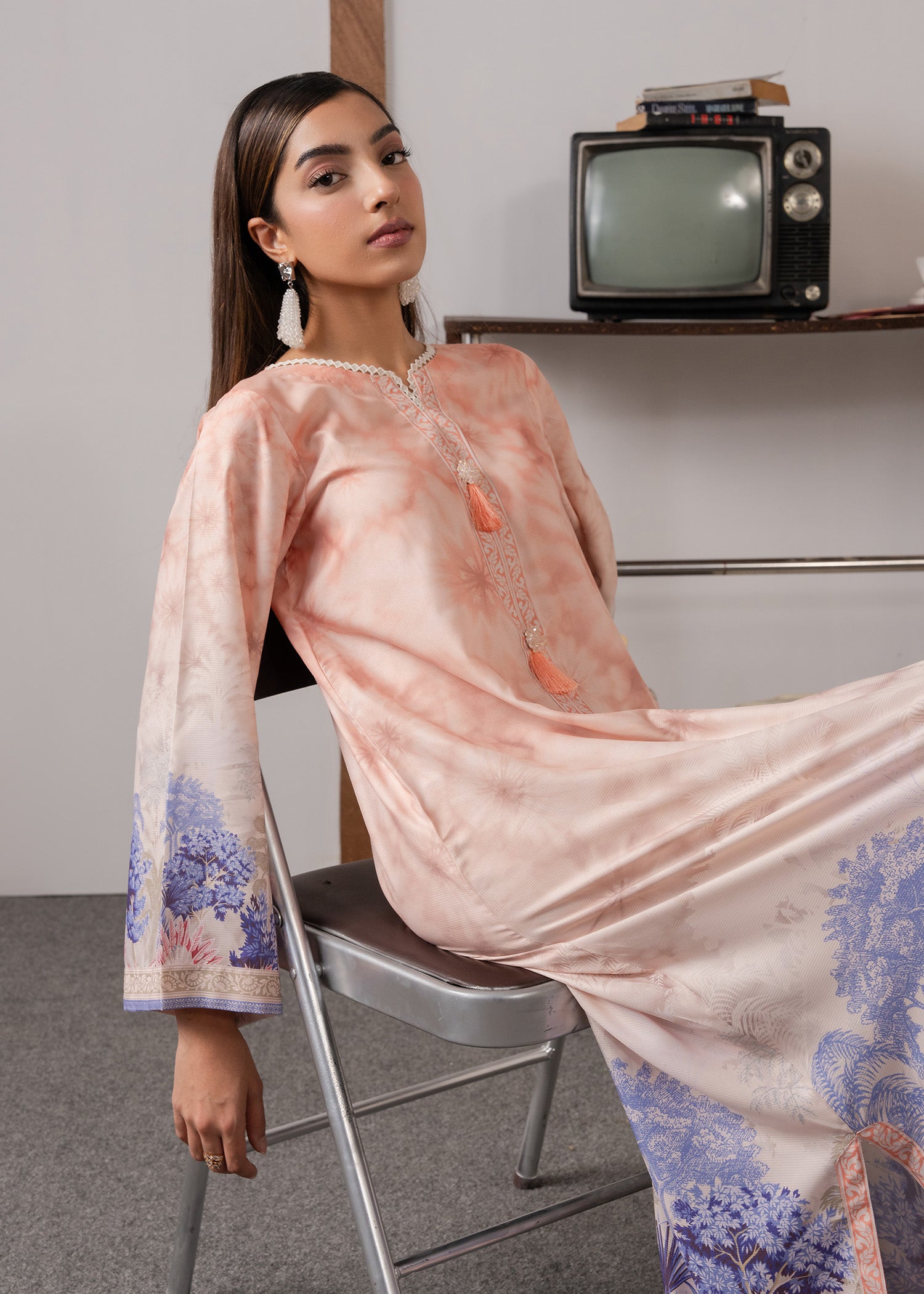 slub lawn Kaftan in Peach pink