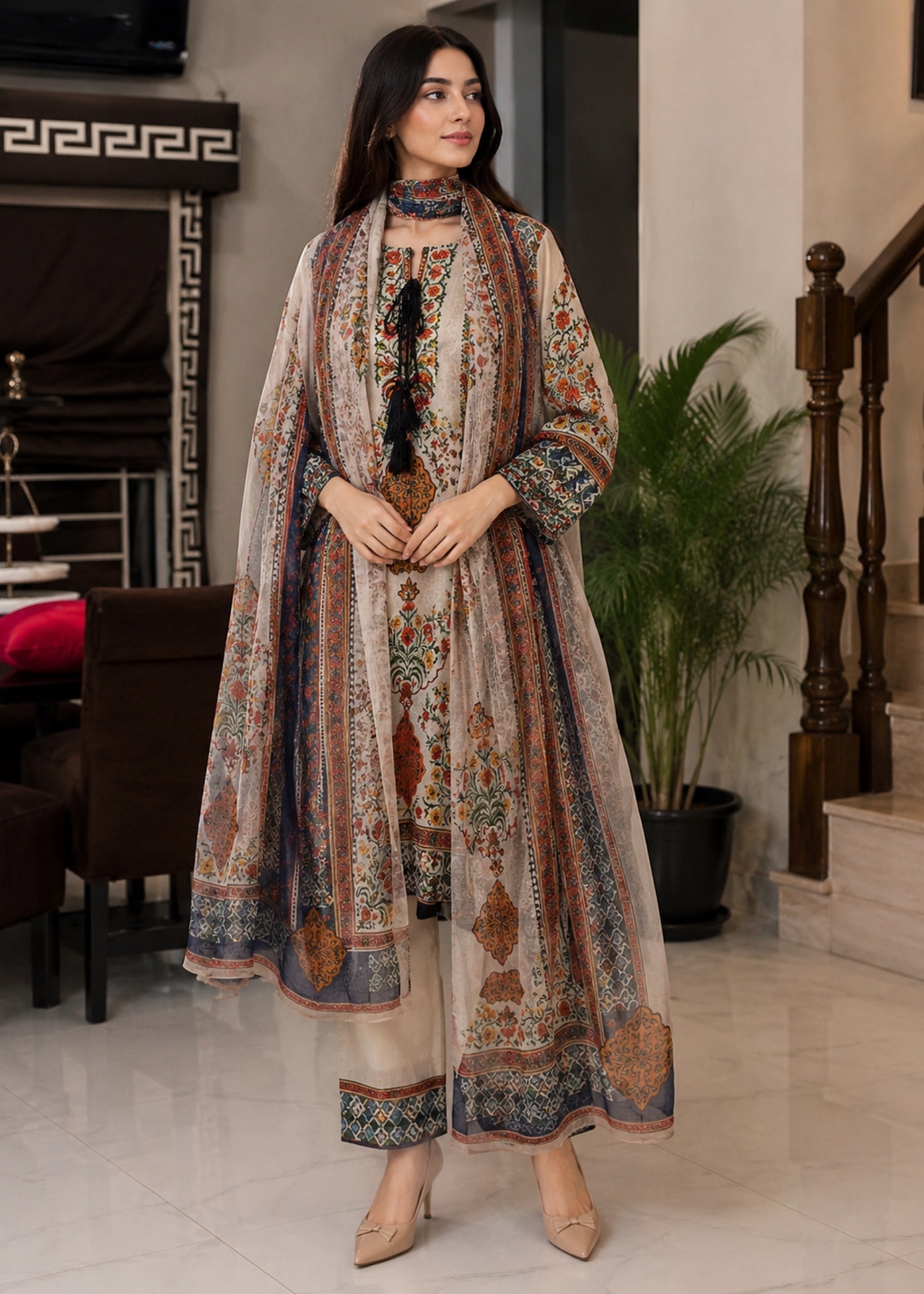 silk finish lawn Kurta Set in Multi, eggshell