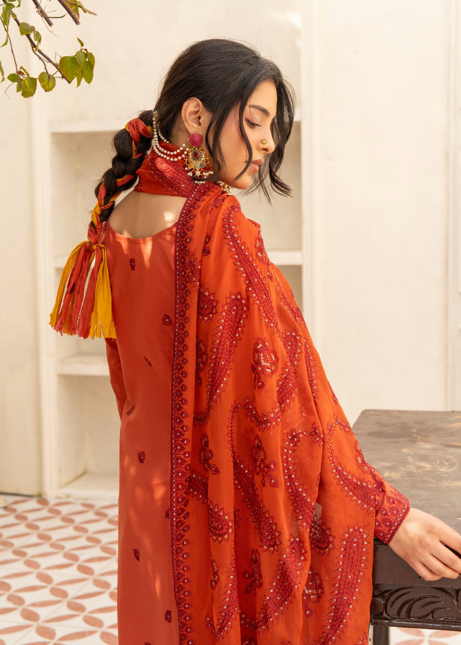 lawn cotton Kurta Set in Chili orange