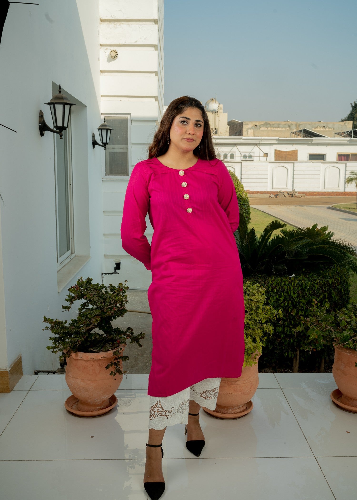 lawn Kurti in Raspberry pink