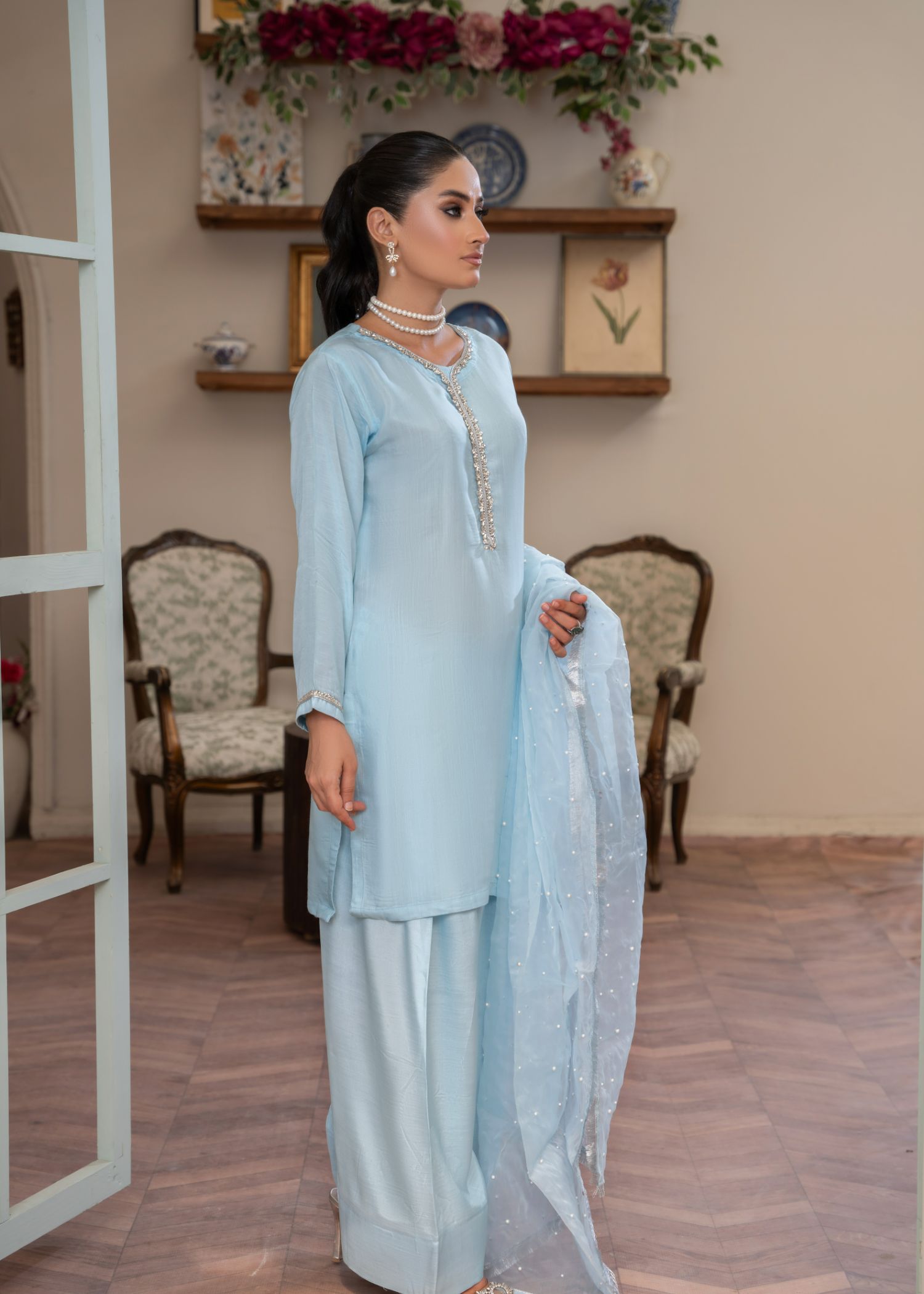 viscose thai silk Kurta Set in Ice blue