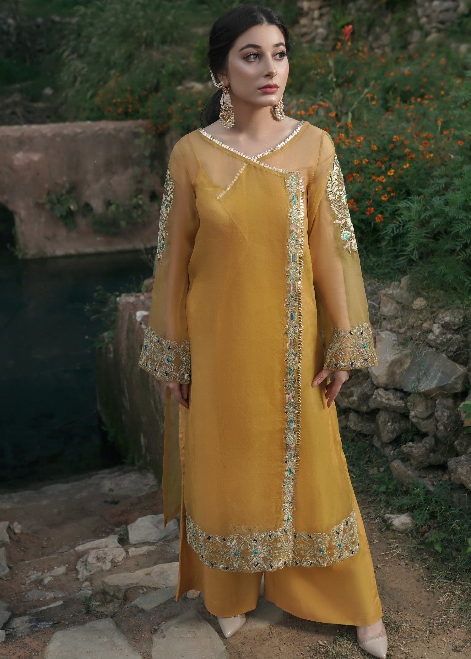 organza Angrakha in Mustard