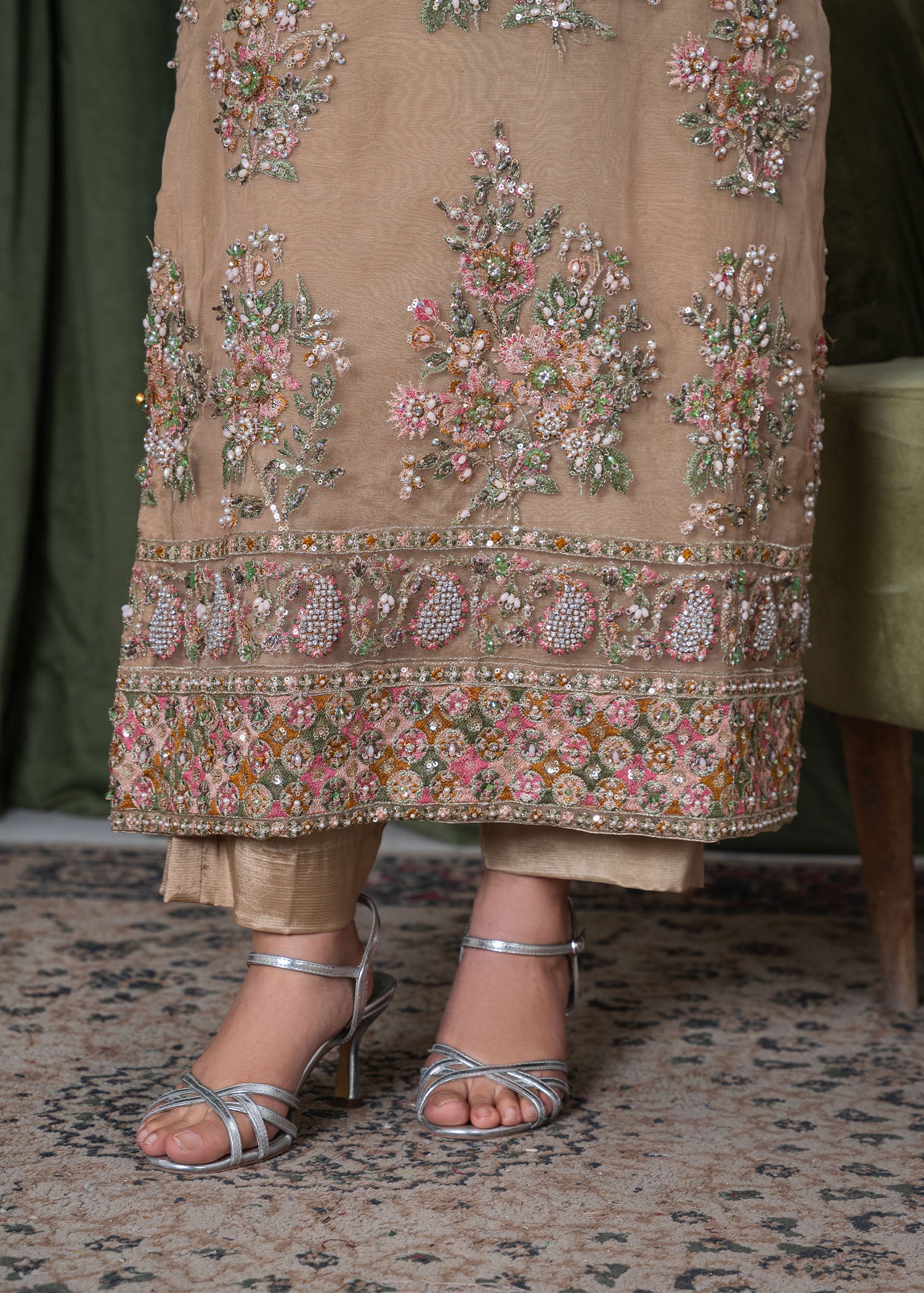 organza Kurta Set in Tan brown