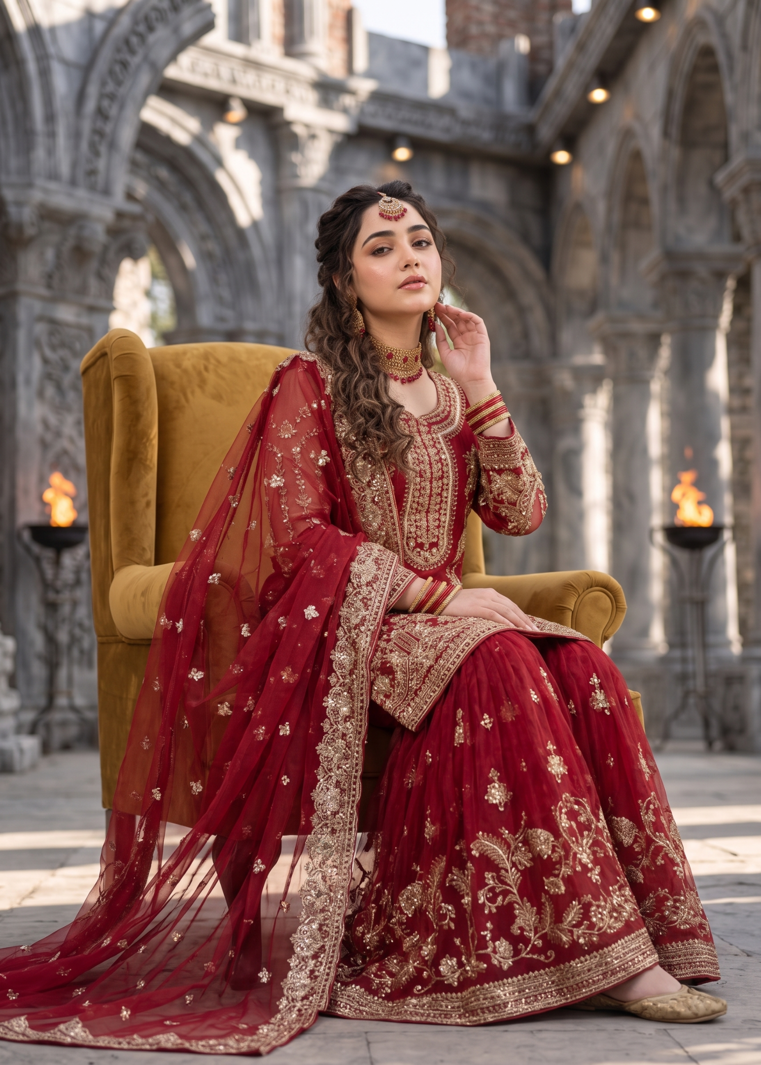 organza Gharara in Crimson