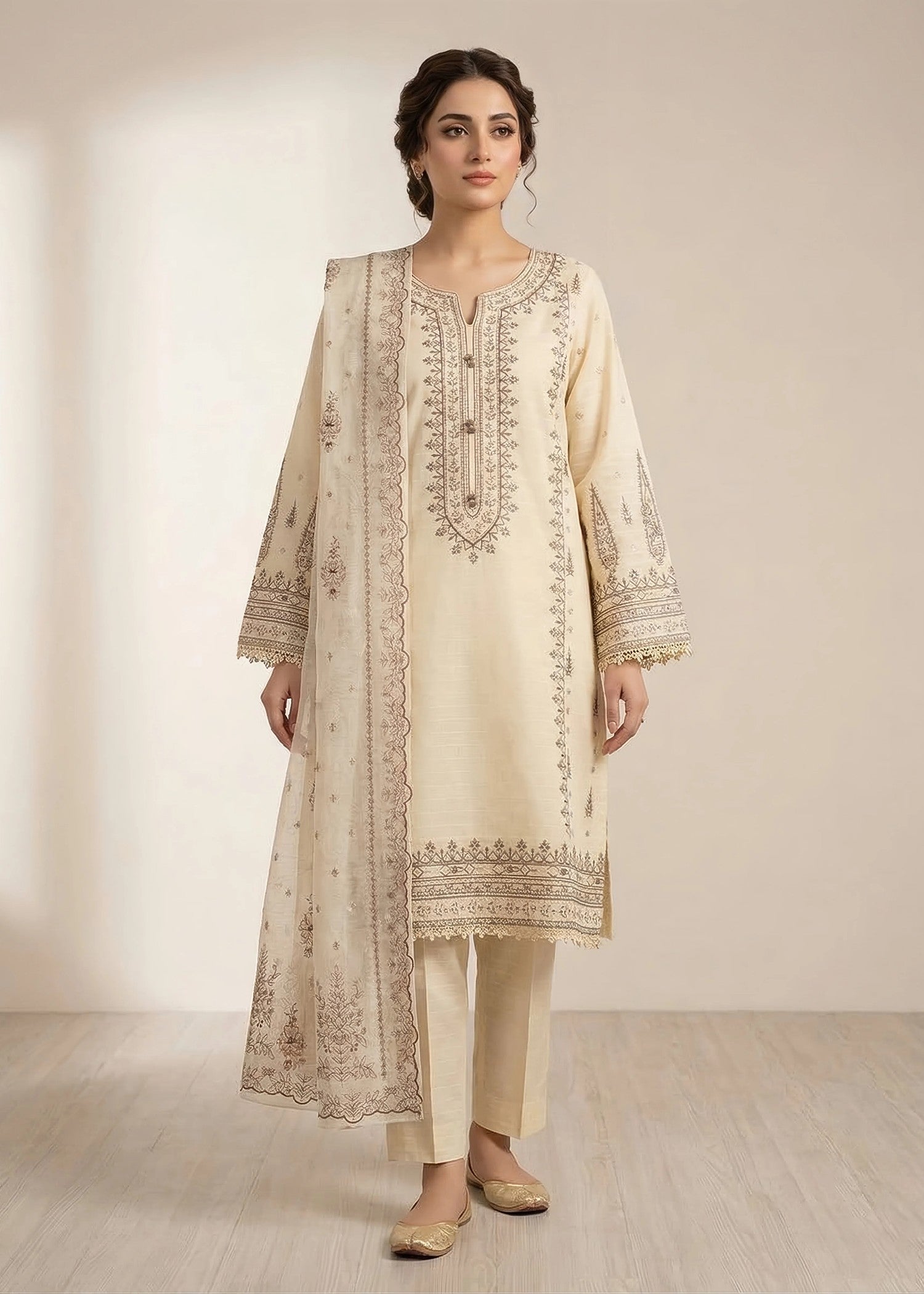 cambric cotton Kurta Set in Wheat