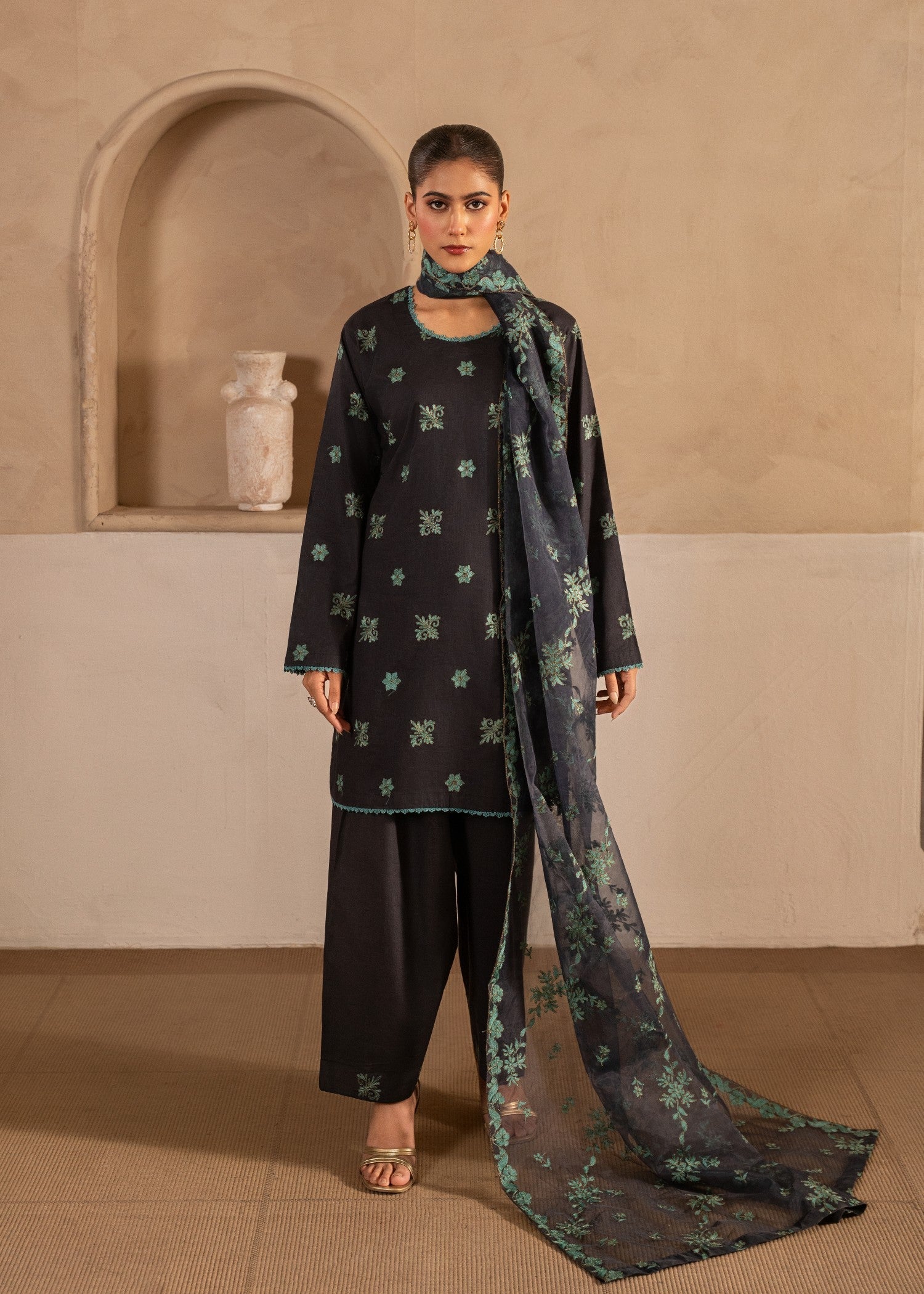 cotton Kurta Set in Charcoal black