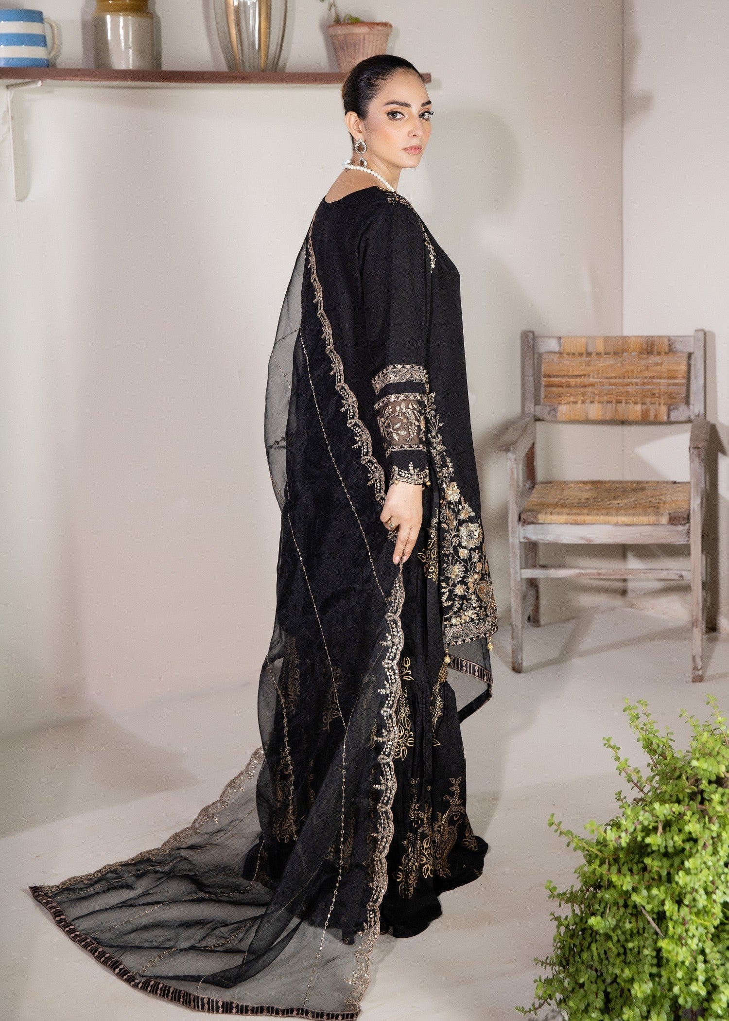 chiffon Gharara in Jet black