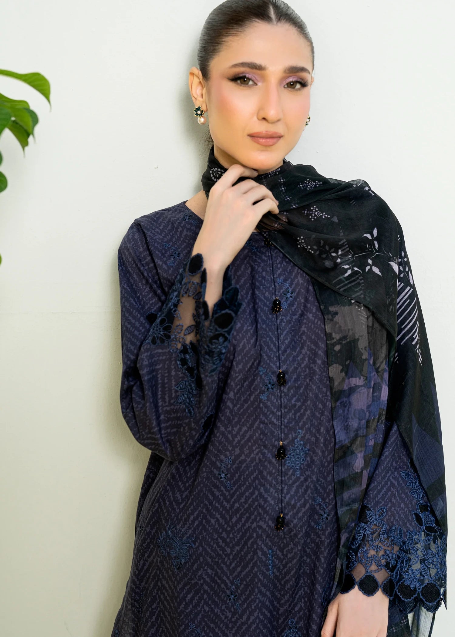 cambric Kurta Set in Black, navy blue