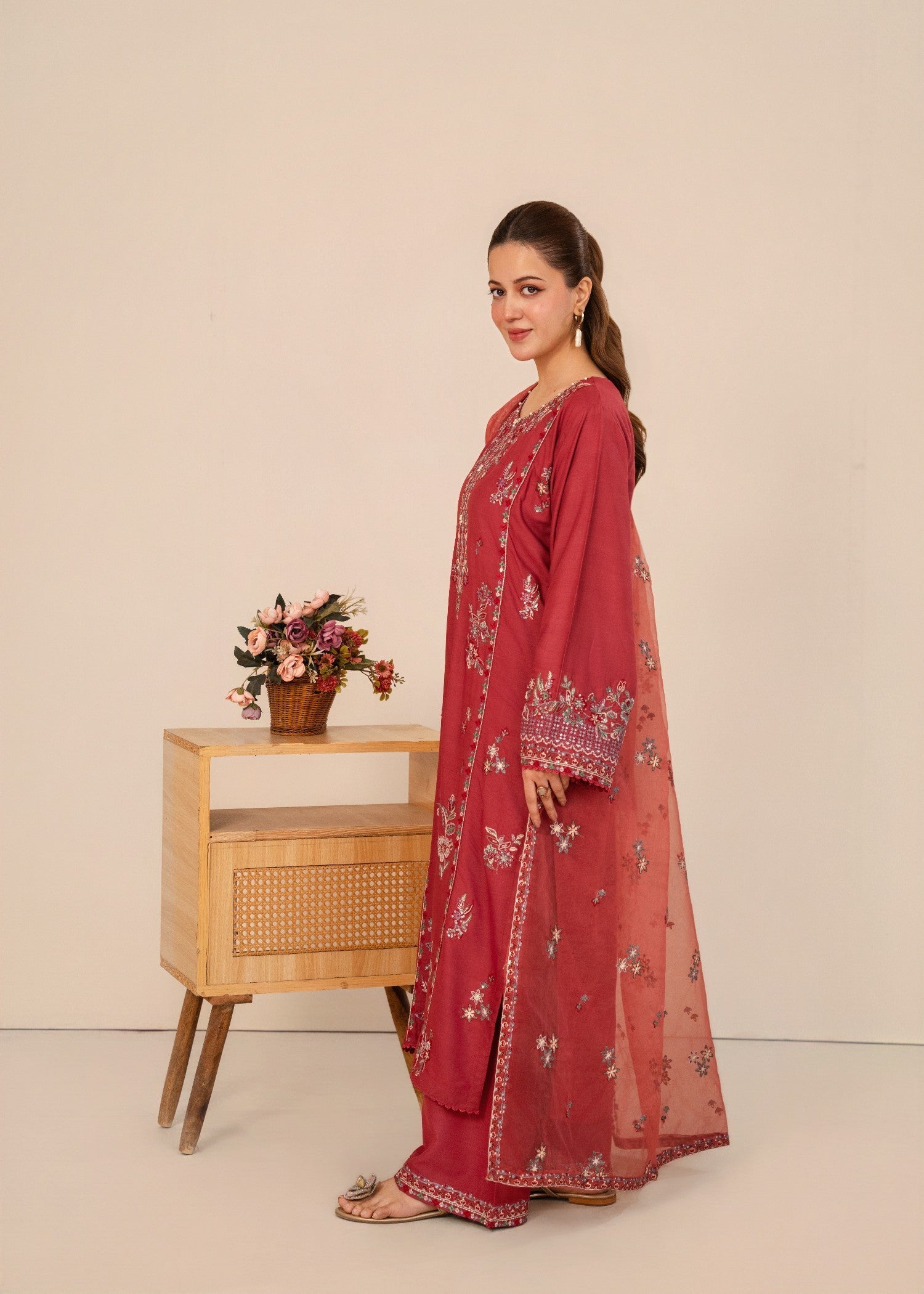 linen Kurta Set in Rose pink