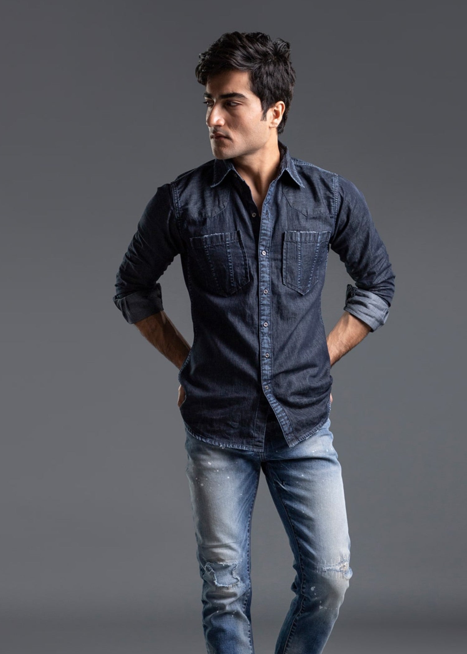 denim Casual Shirt in Dark blue