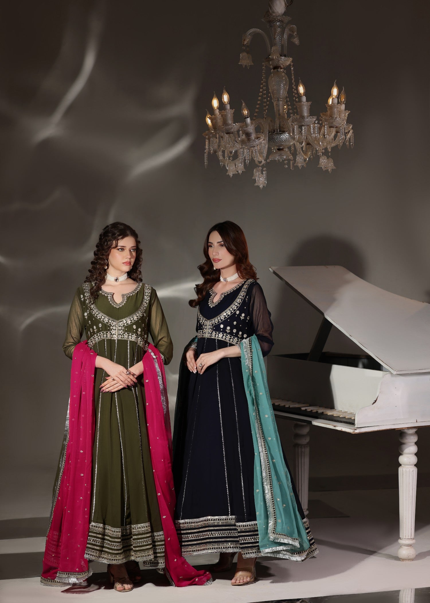 chiffon Pishwas in Olive green