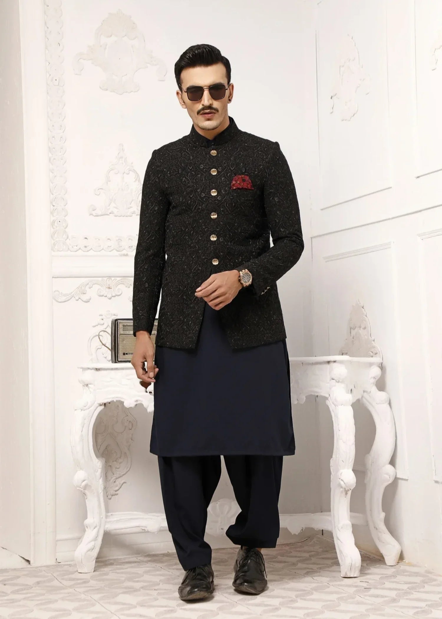 jamawar Prince Coat in Black