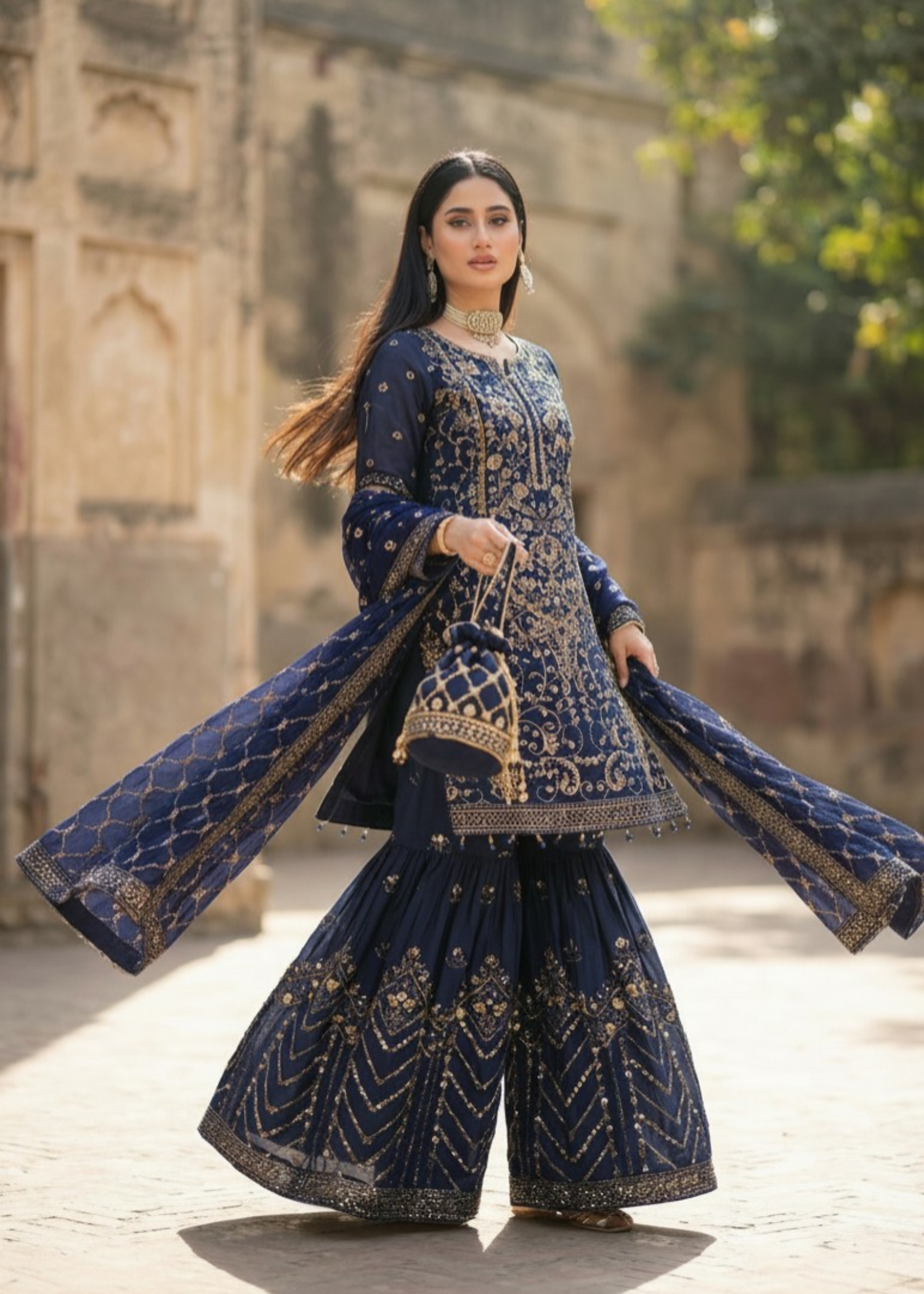 organza Gharara in Midnight blue