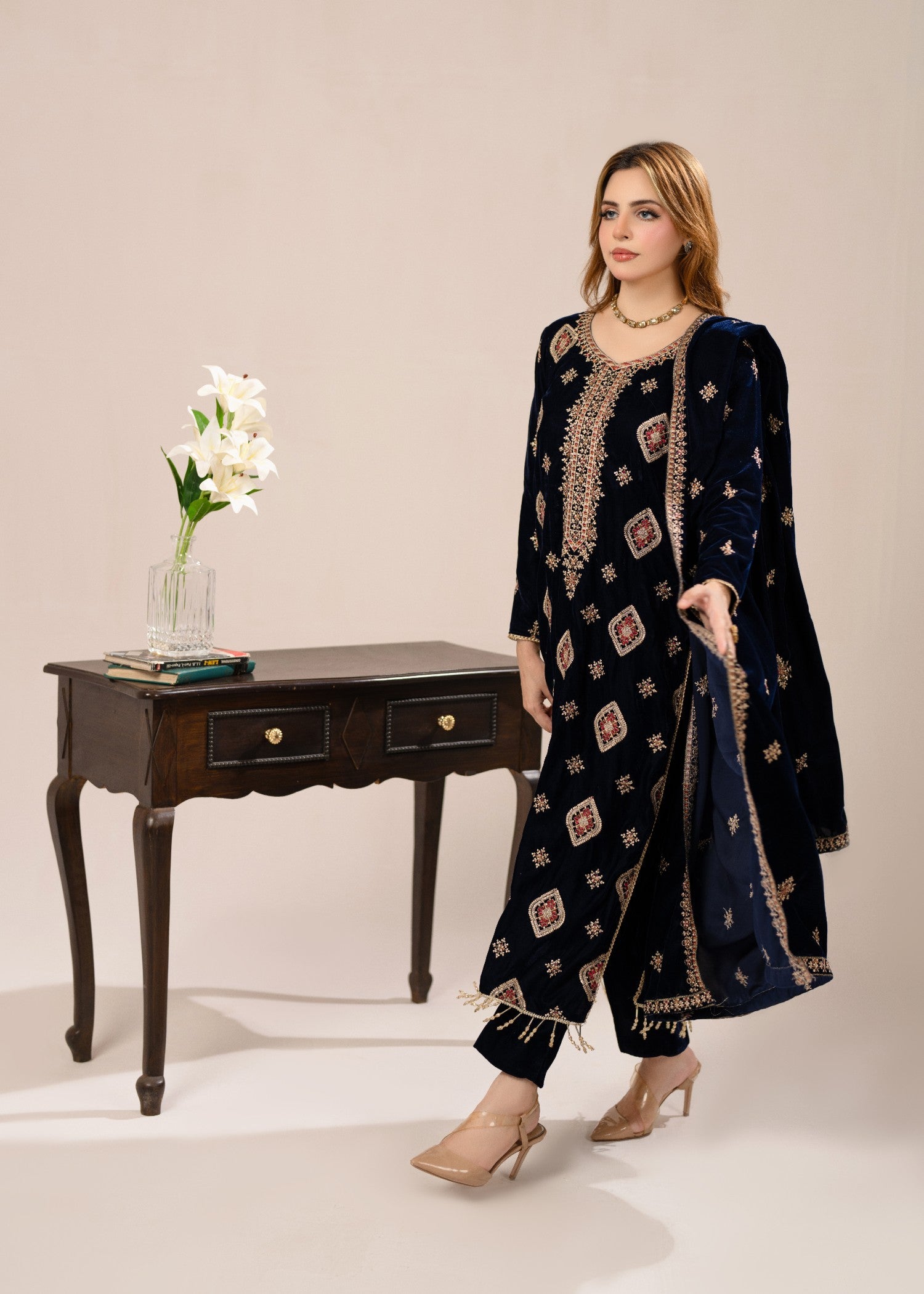 chinese micro velvet 9000 Unstitched in Navy blue
