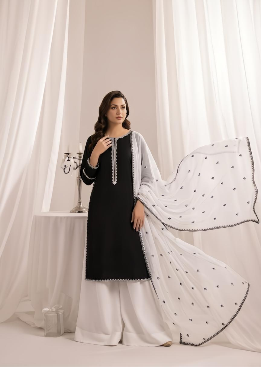 lawn cotton Sharara in Black, white