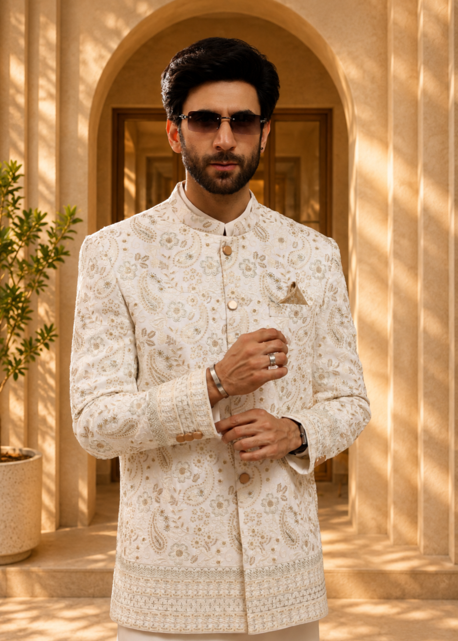 jamawar Prince Coat in Off-white