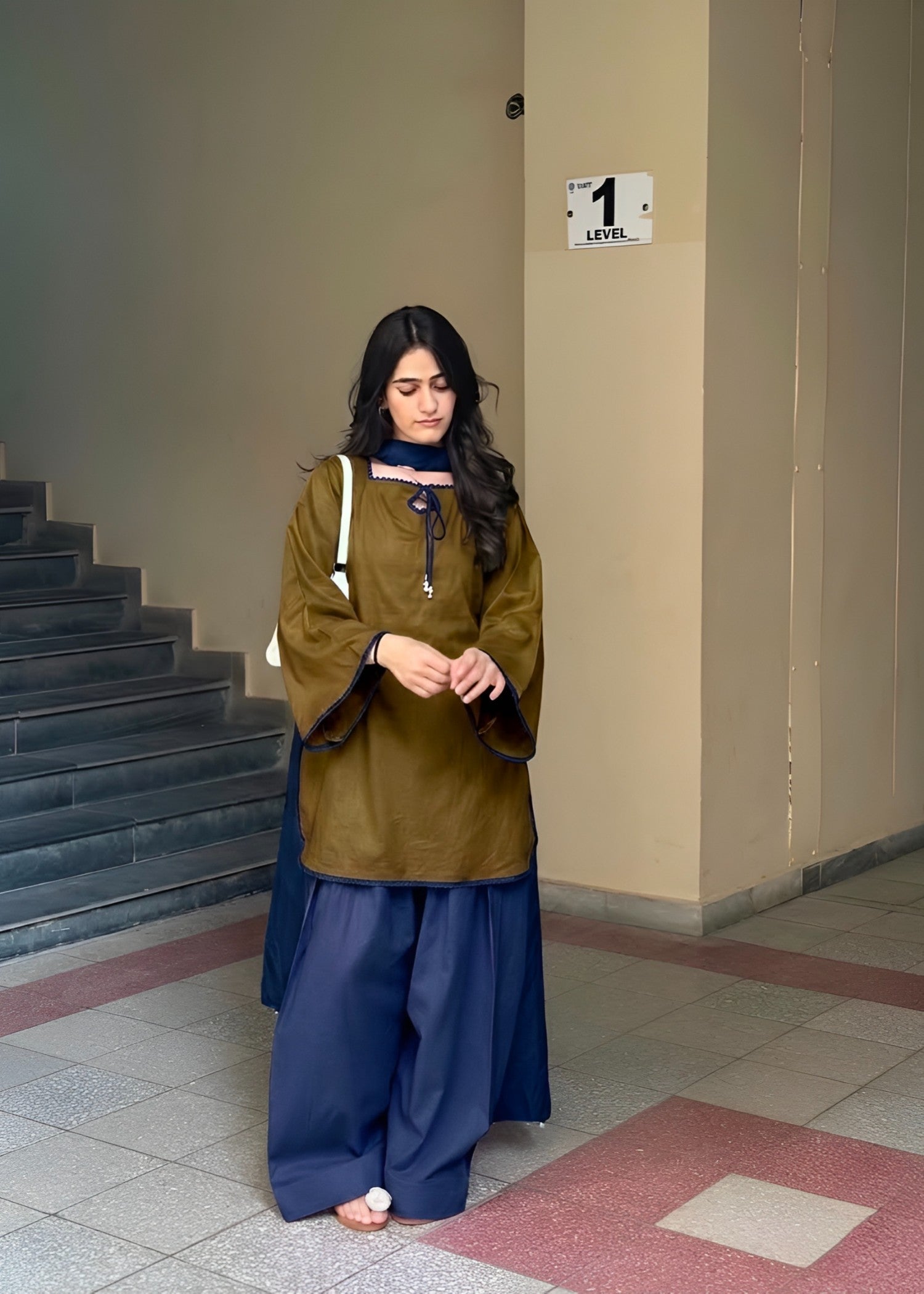 linen Kurta Set in Walnut brown, navy blue