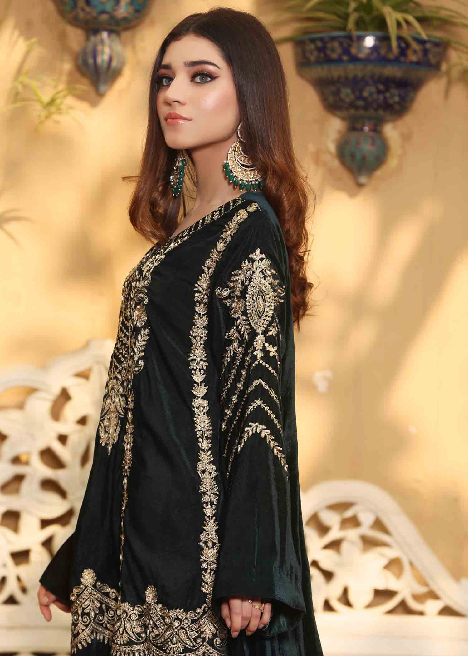 micro polyester velvet Kurti in Bottle green