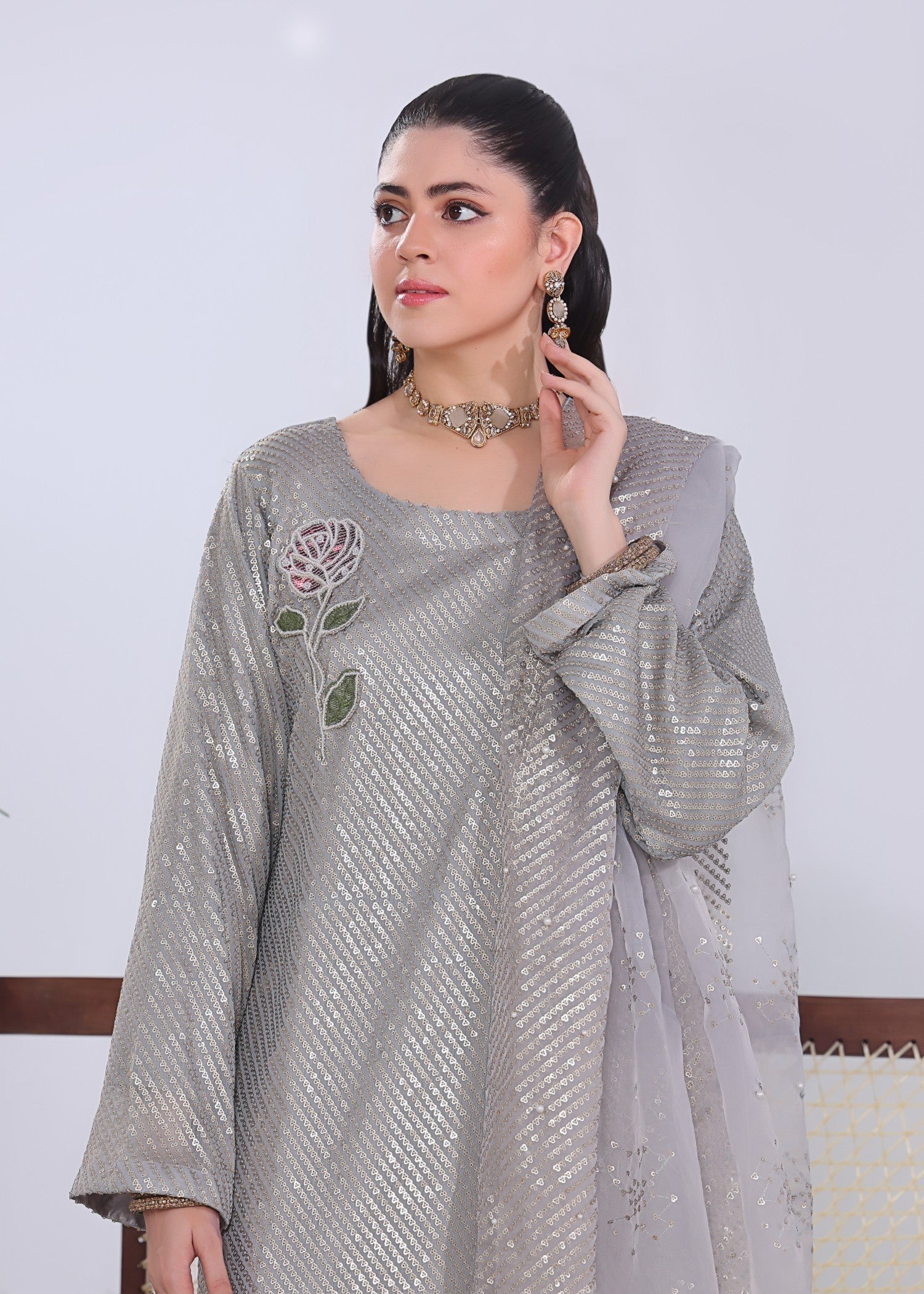chiffon Kurta Set in Ash grey