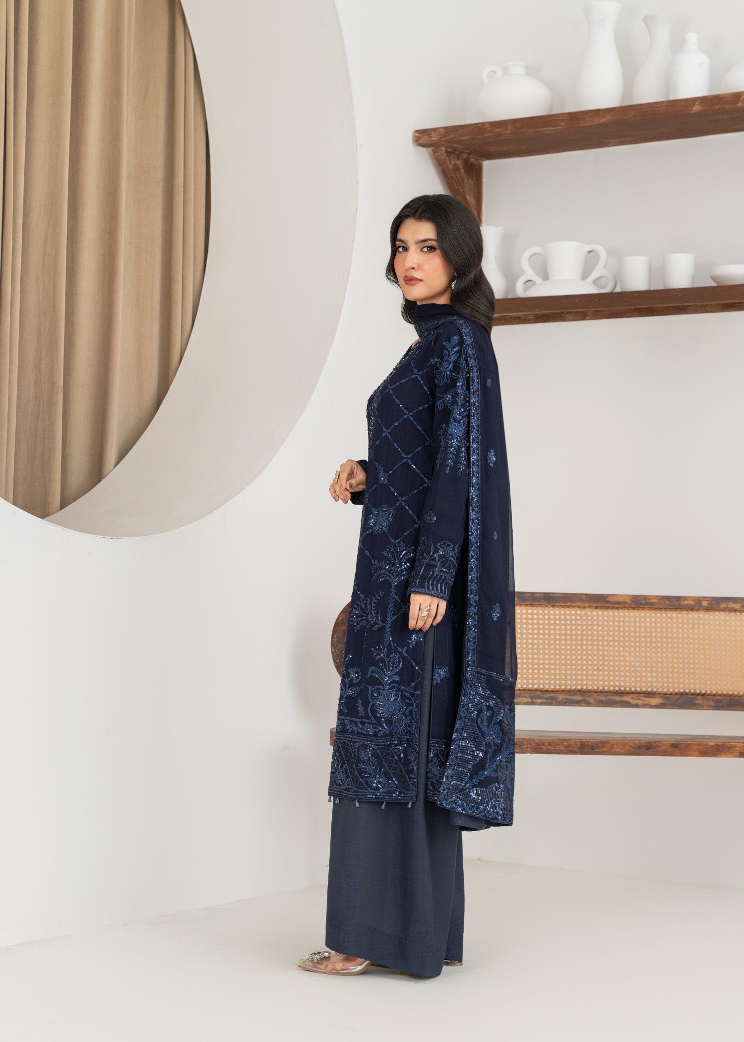 crinkle chiffon Kurta Set in Navy blue