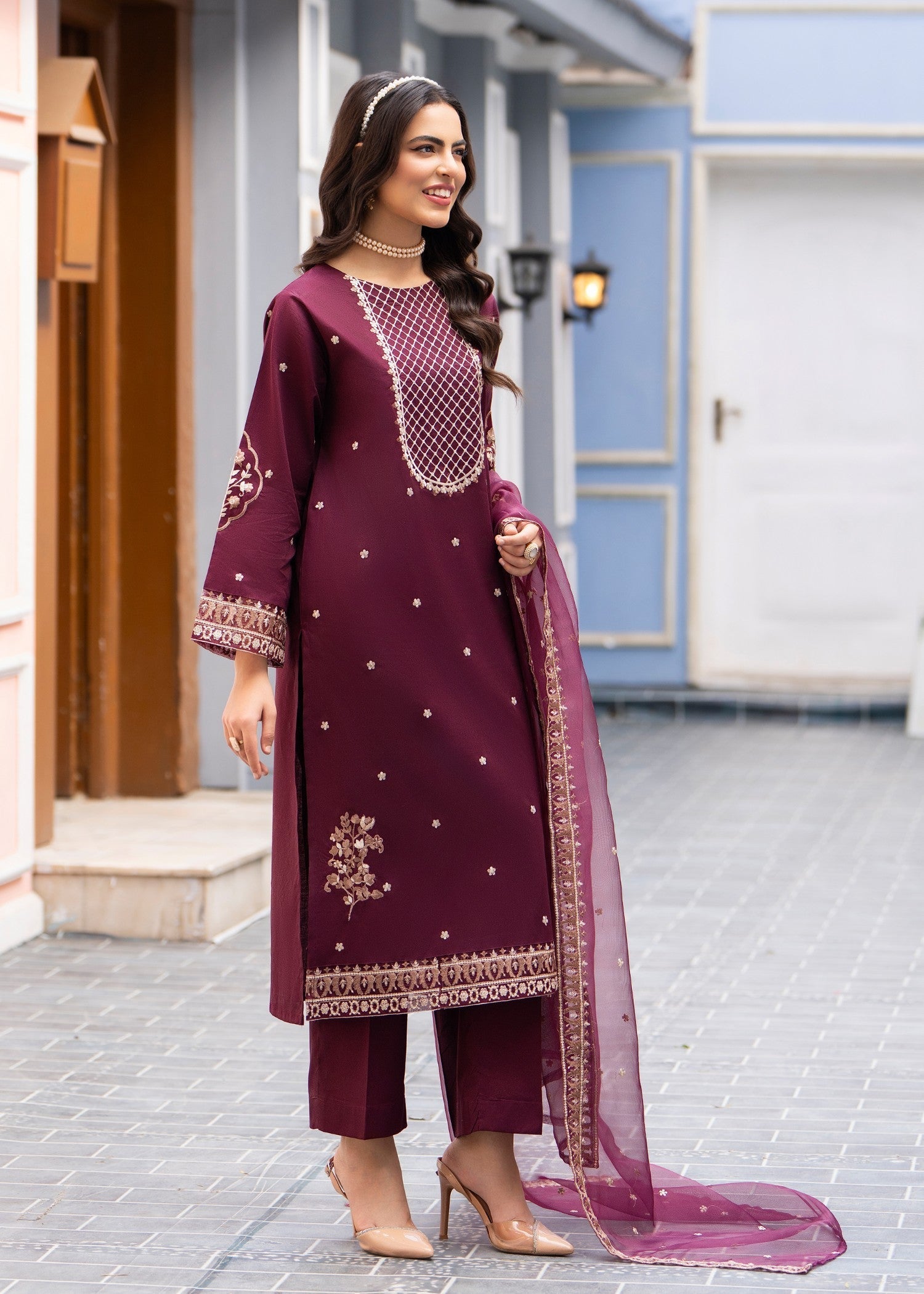 lawn cotton Kurta Set in Burgundy
