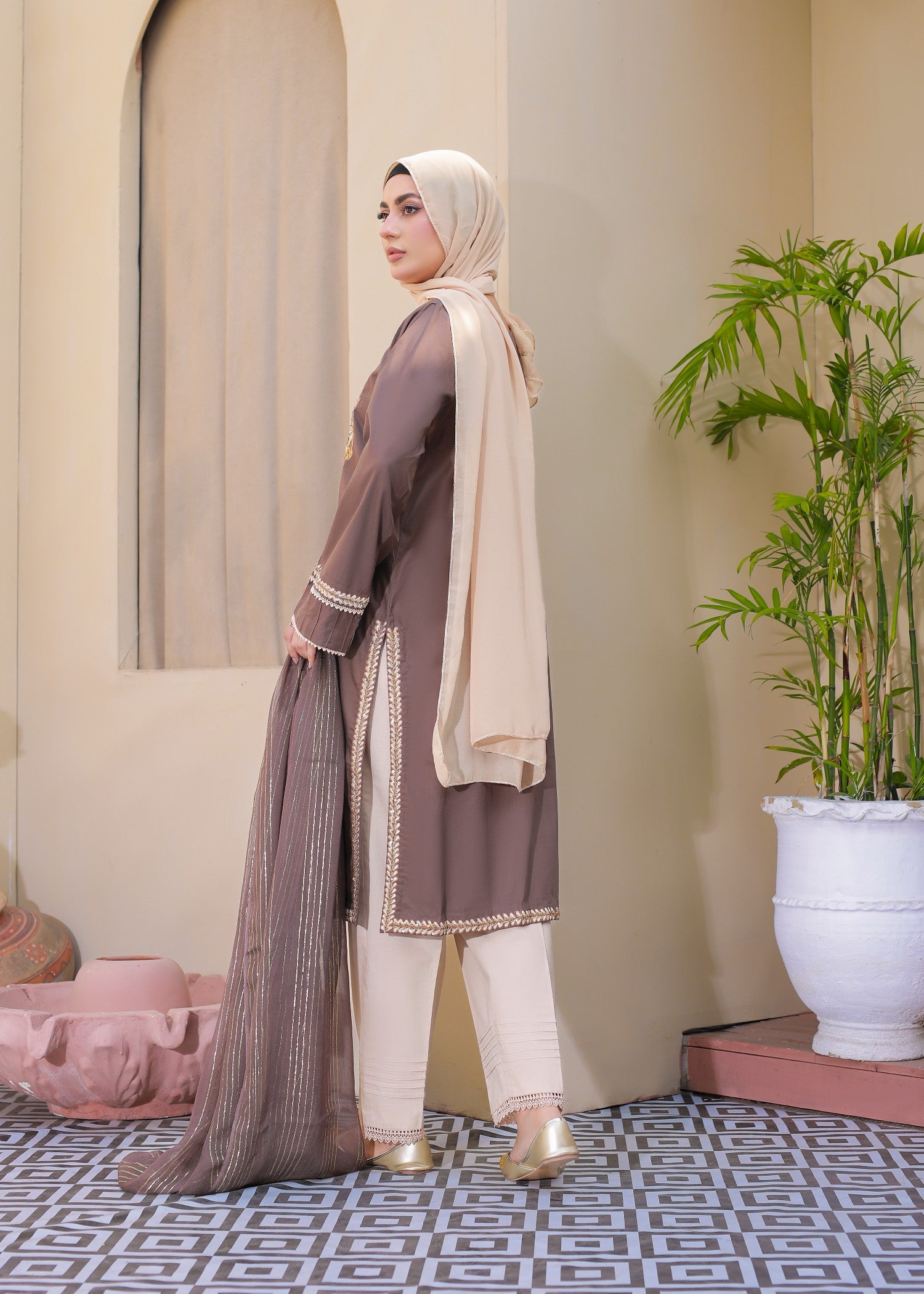 lawn cotton Kurta Set in Mocha brown