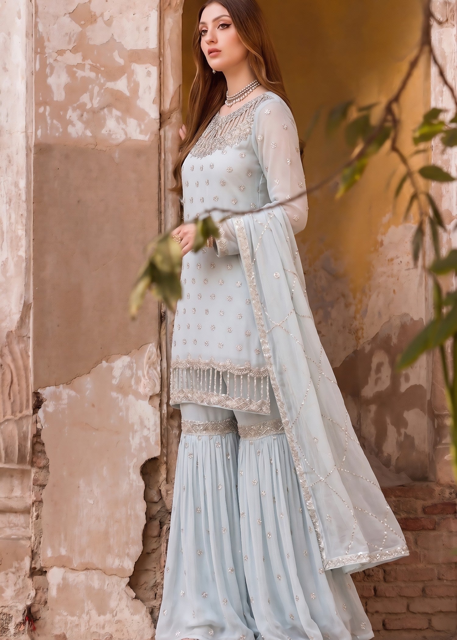 bemberg crinkle chiffon Gharara in Light blue