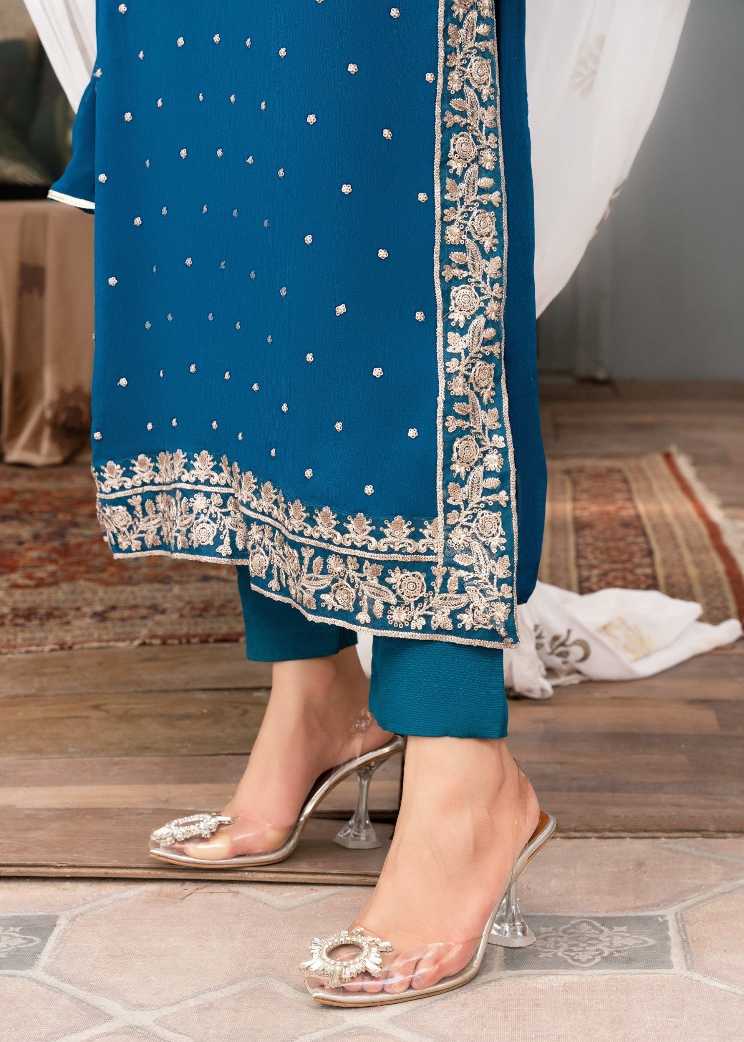 crinkle chiffon Kurta Set in Ocean blue
