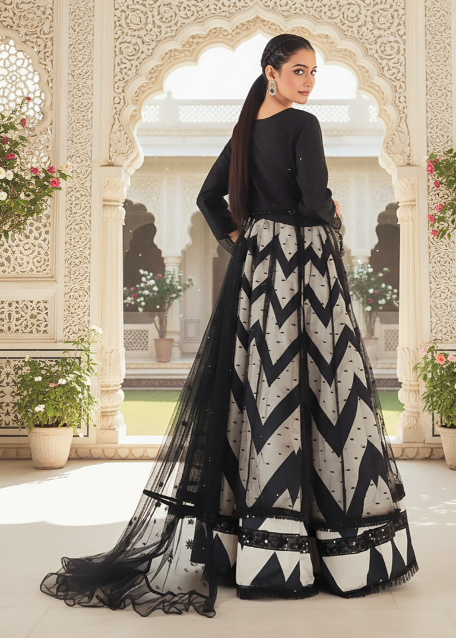 net Lehenga in White, black