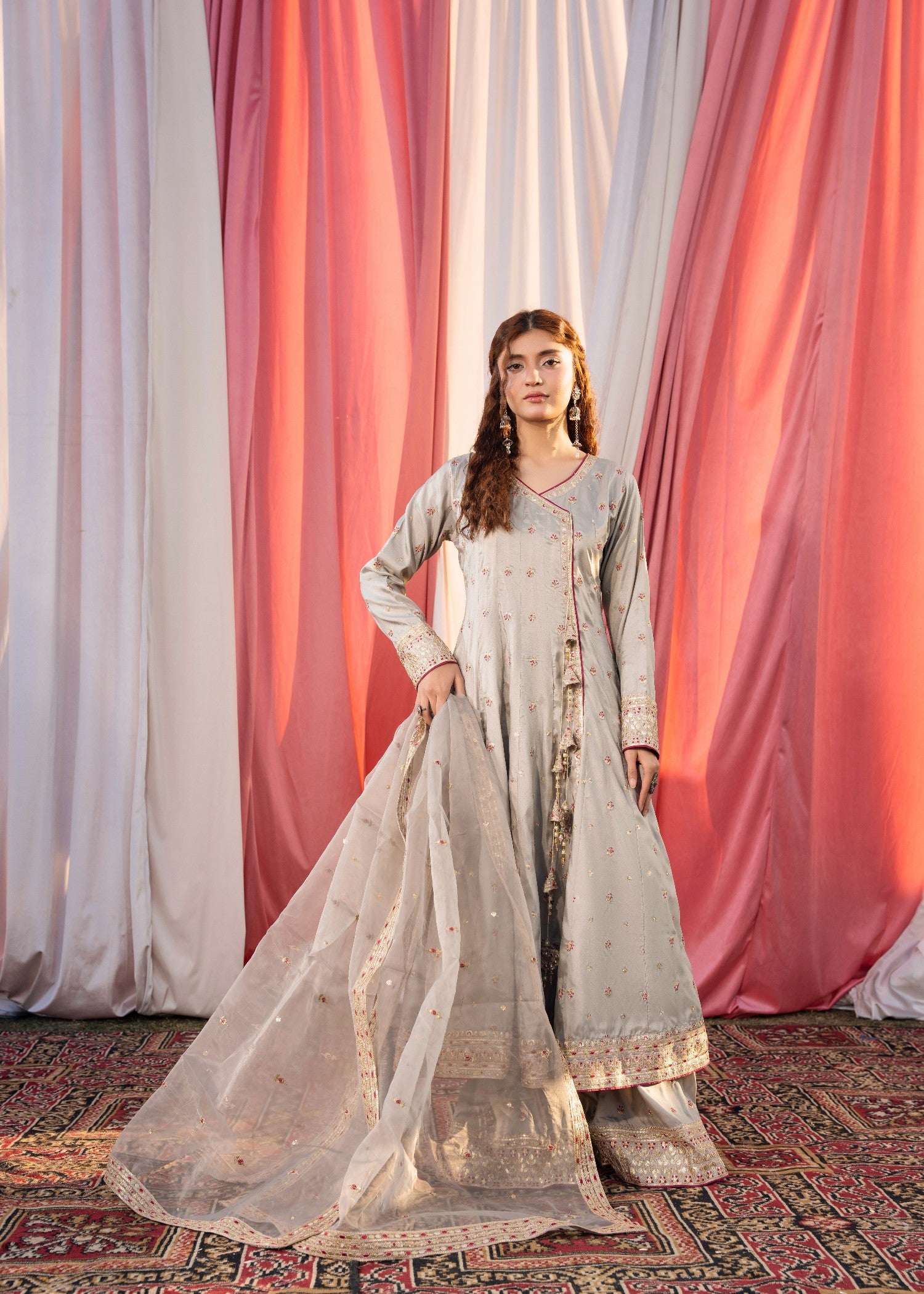 silk Angrakha in Ash grey