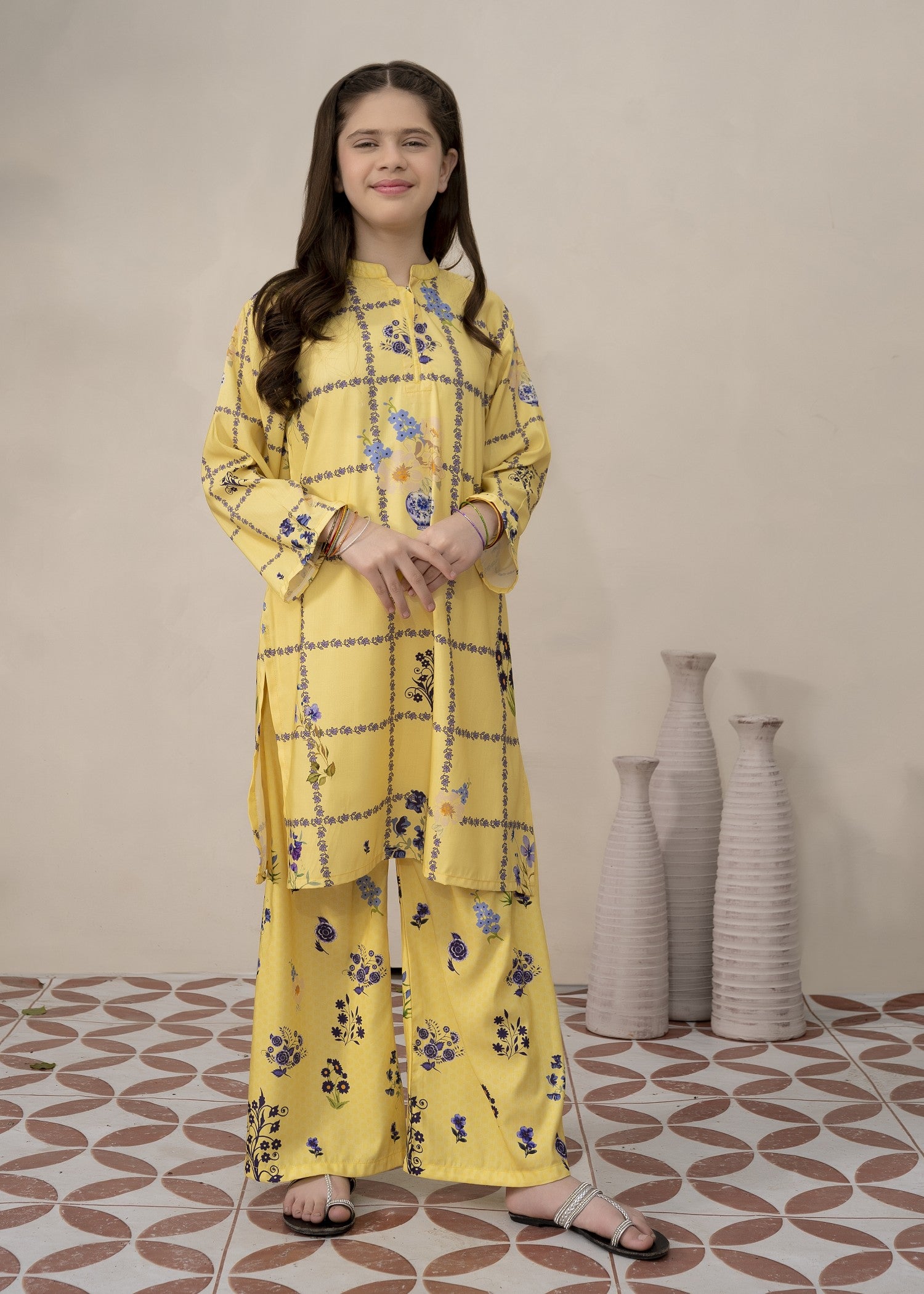 poly lawn Kurta Set in Lemon