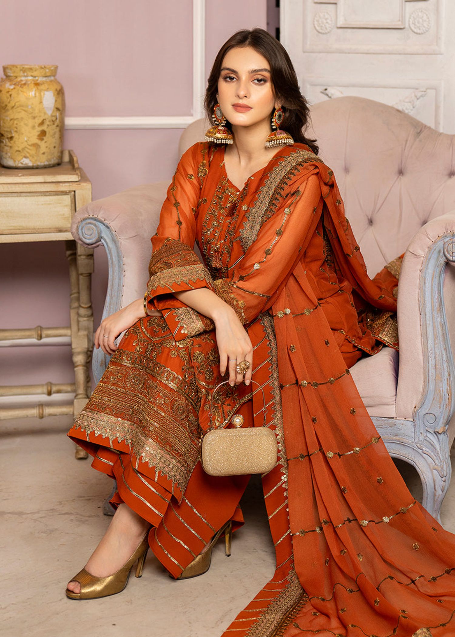 chiffon Kurta Set in Rust orange