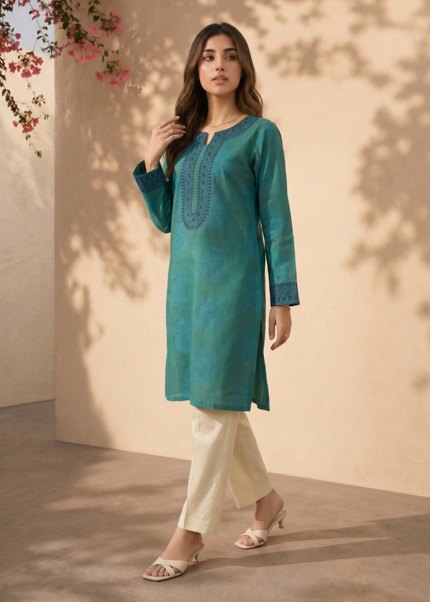 slub lawn Kurti in Green