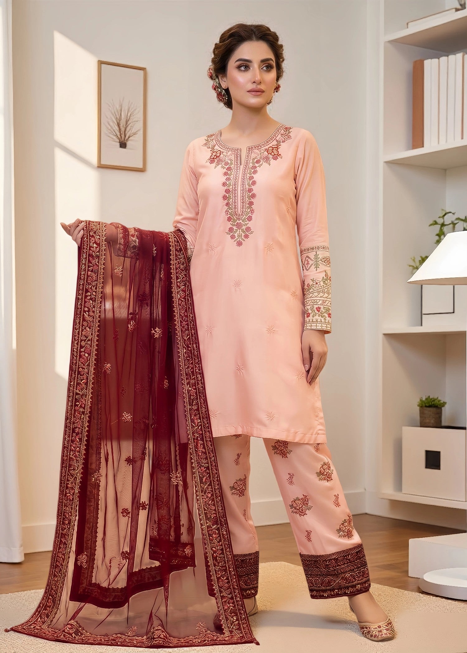lurex grip Kurta Set in Peach pink