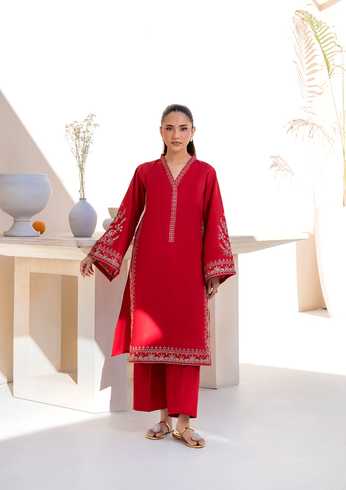 cotton Kurta Set in Red