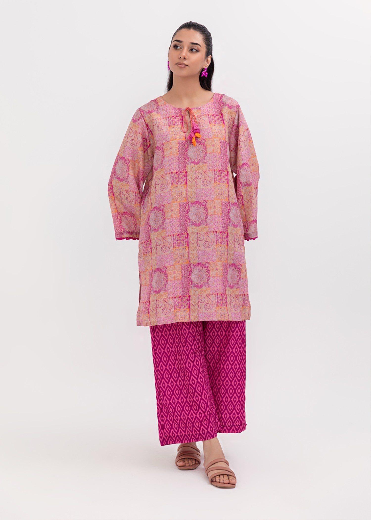 silk finish lawn Kurta Set in Hot pink red