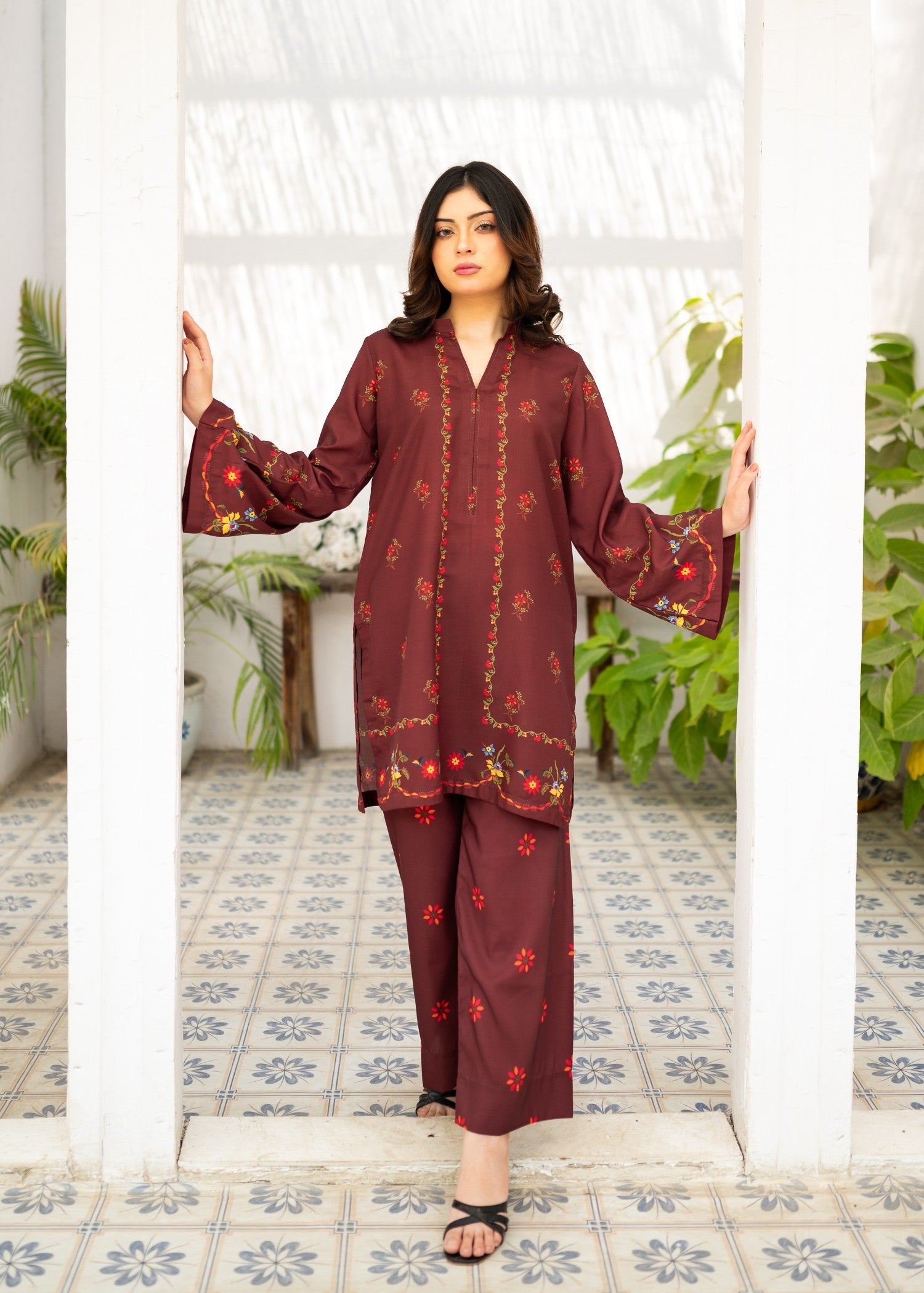 poly lawn Co Ord Sets in Maroon