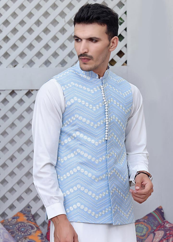 jamawar Waistcoat in Sky blue