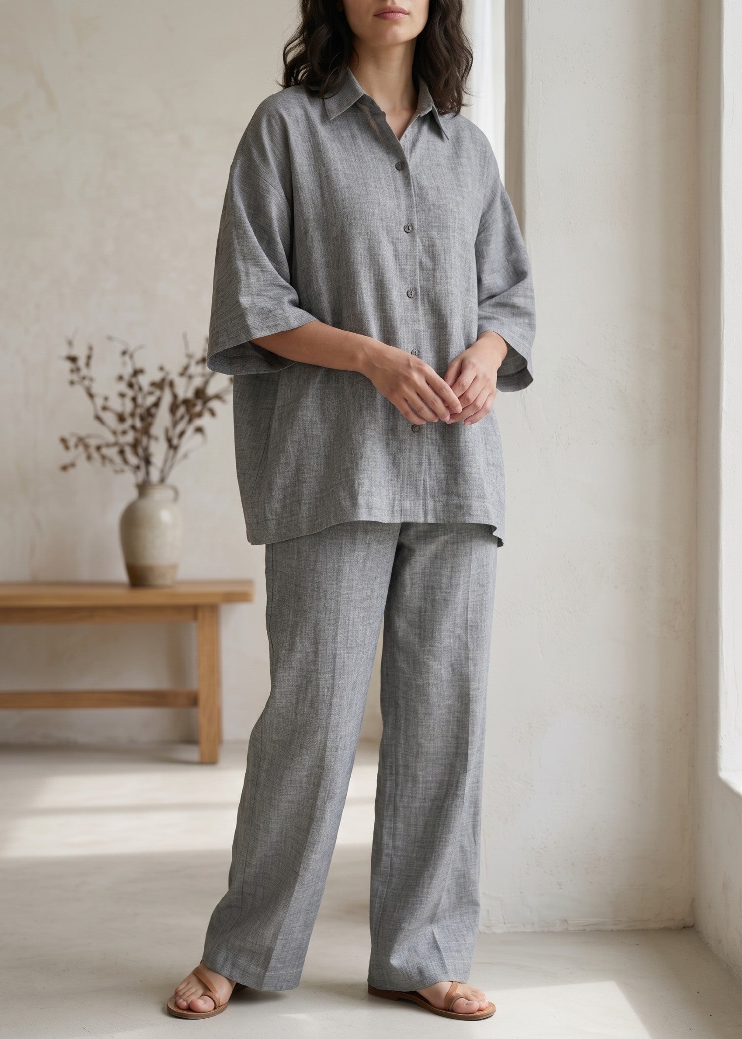 blended linen Co Ord Sets in Grey