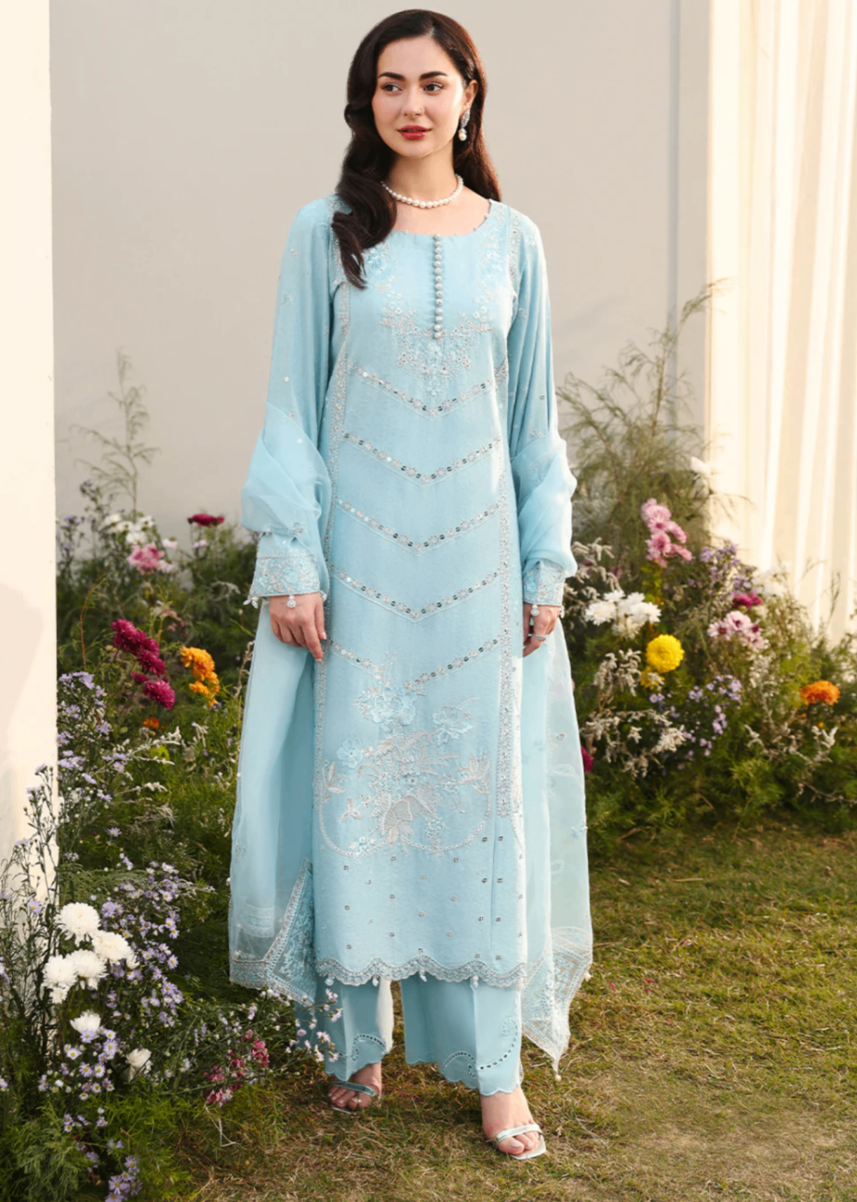 jacquard Kurta Set in Sky