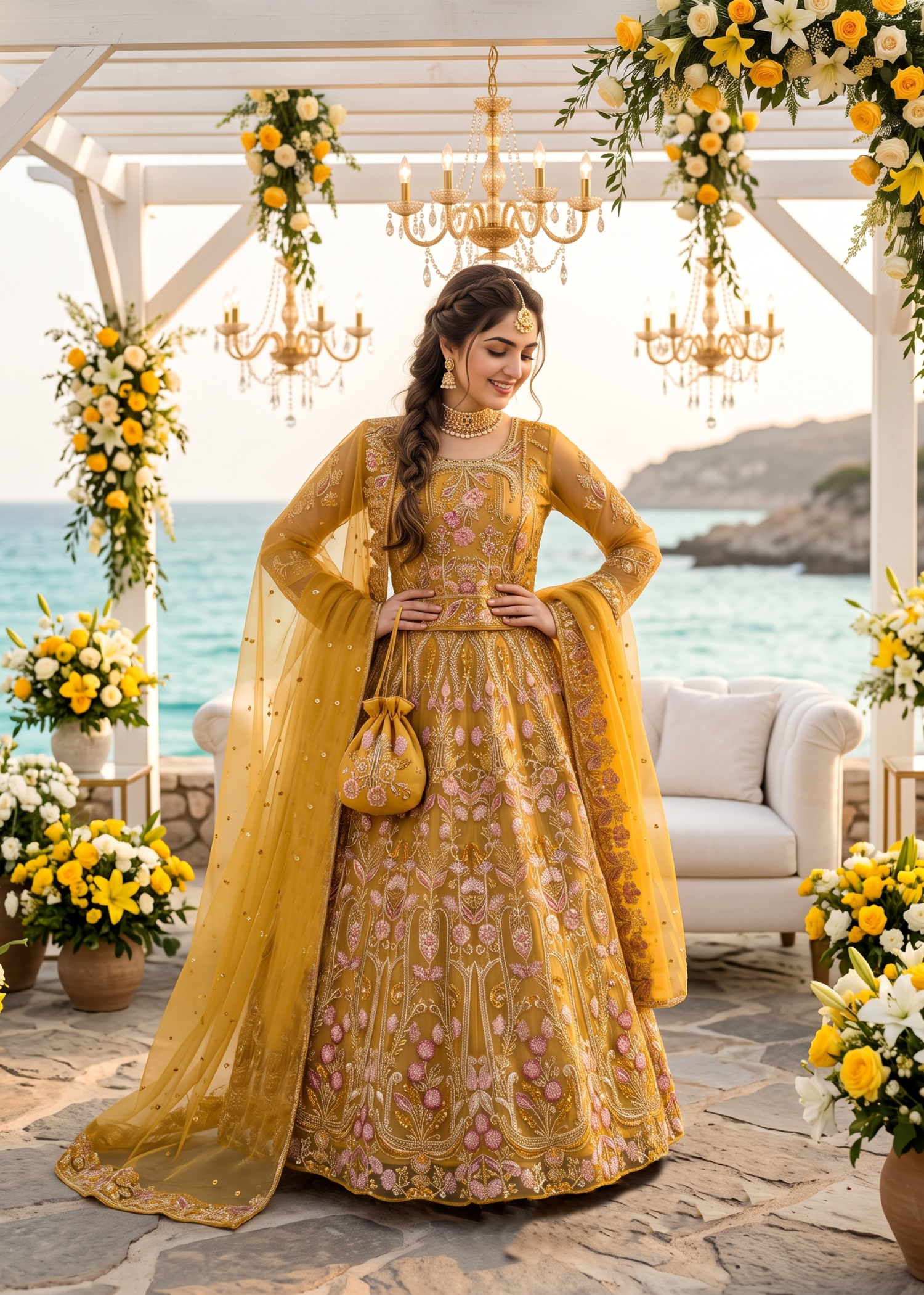 net Lehenga in Honey