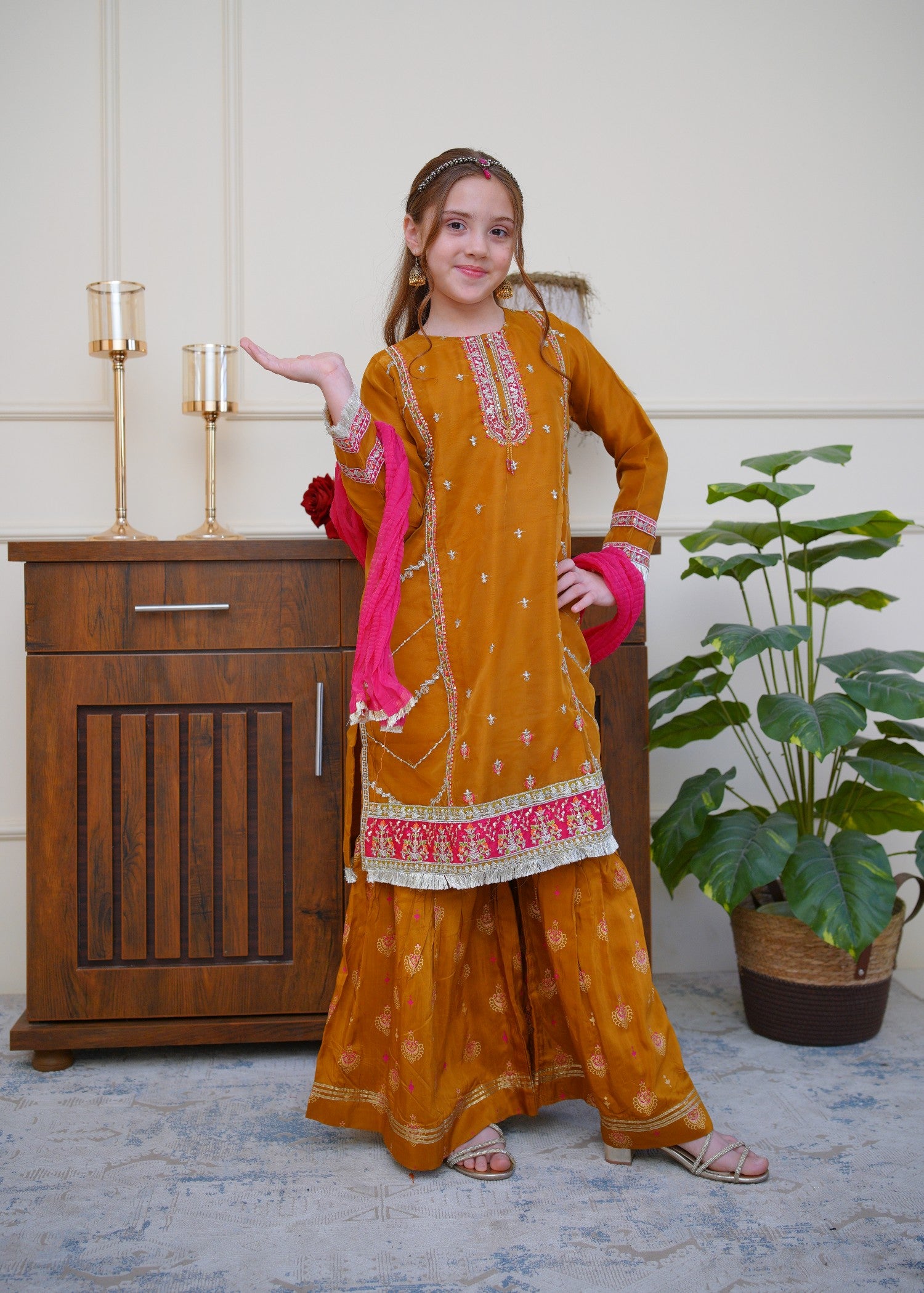 organza Gharara in Mari gold