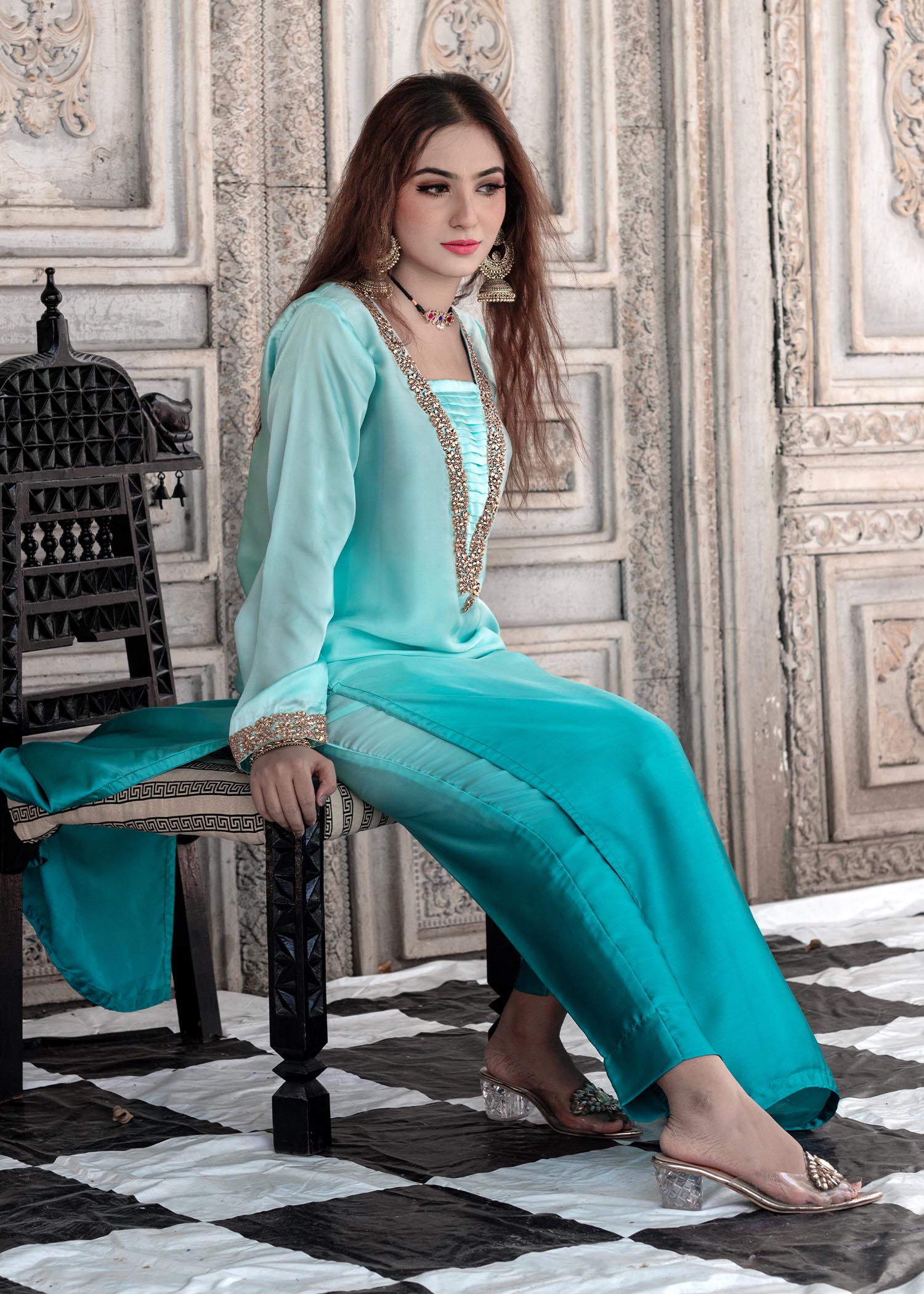 poly viscose Kurta Set in Aquamarine