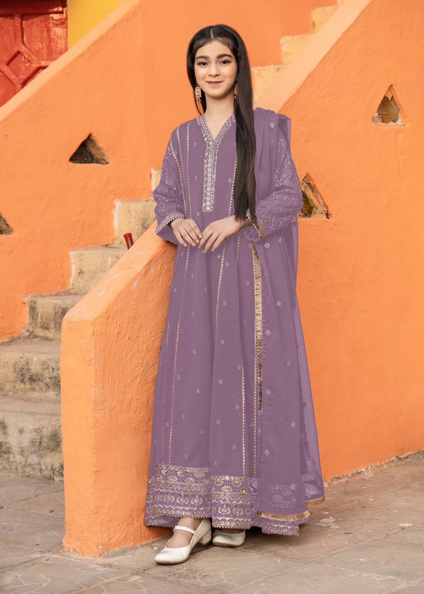 chiffon Pishwas in Lilac