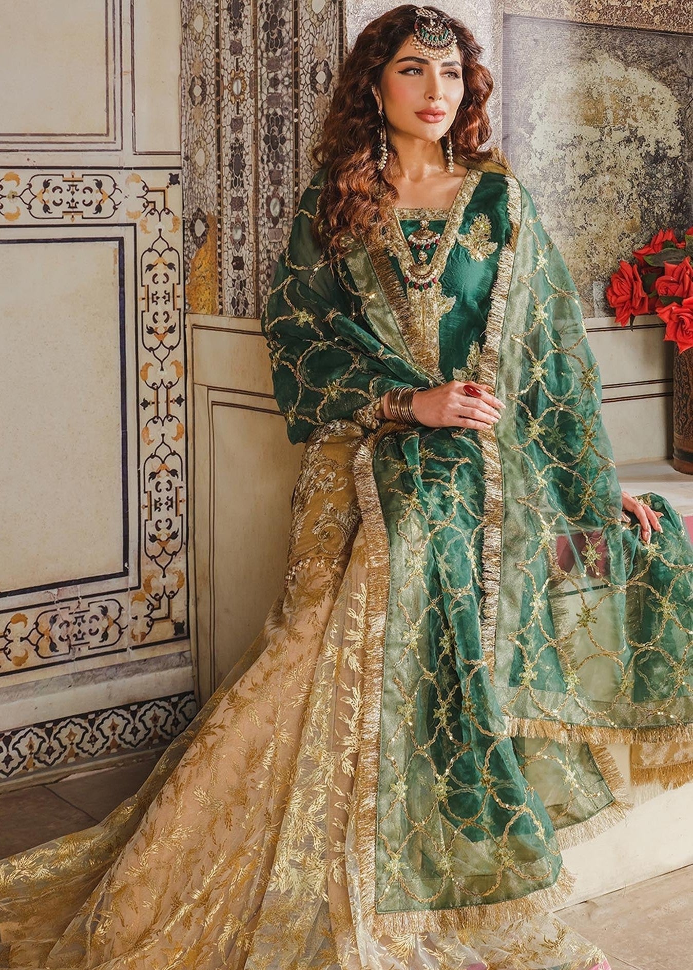 organza Sharara in Bottle green