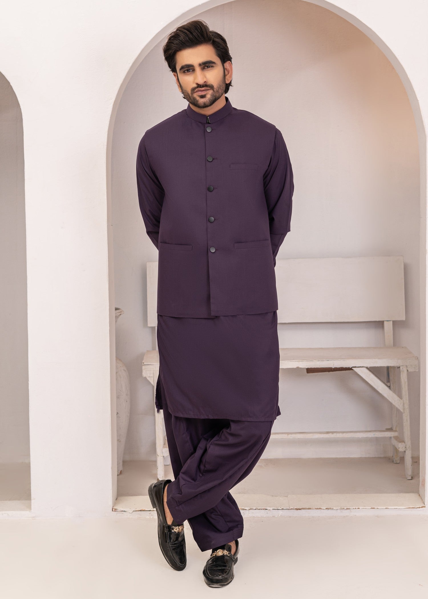 wash & wear Waistcoat in Purple by Hassan Jee Men
