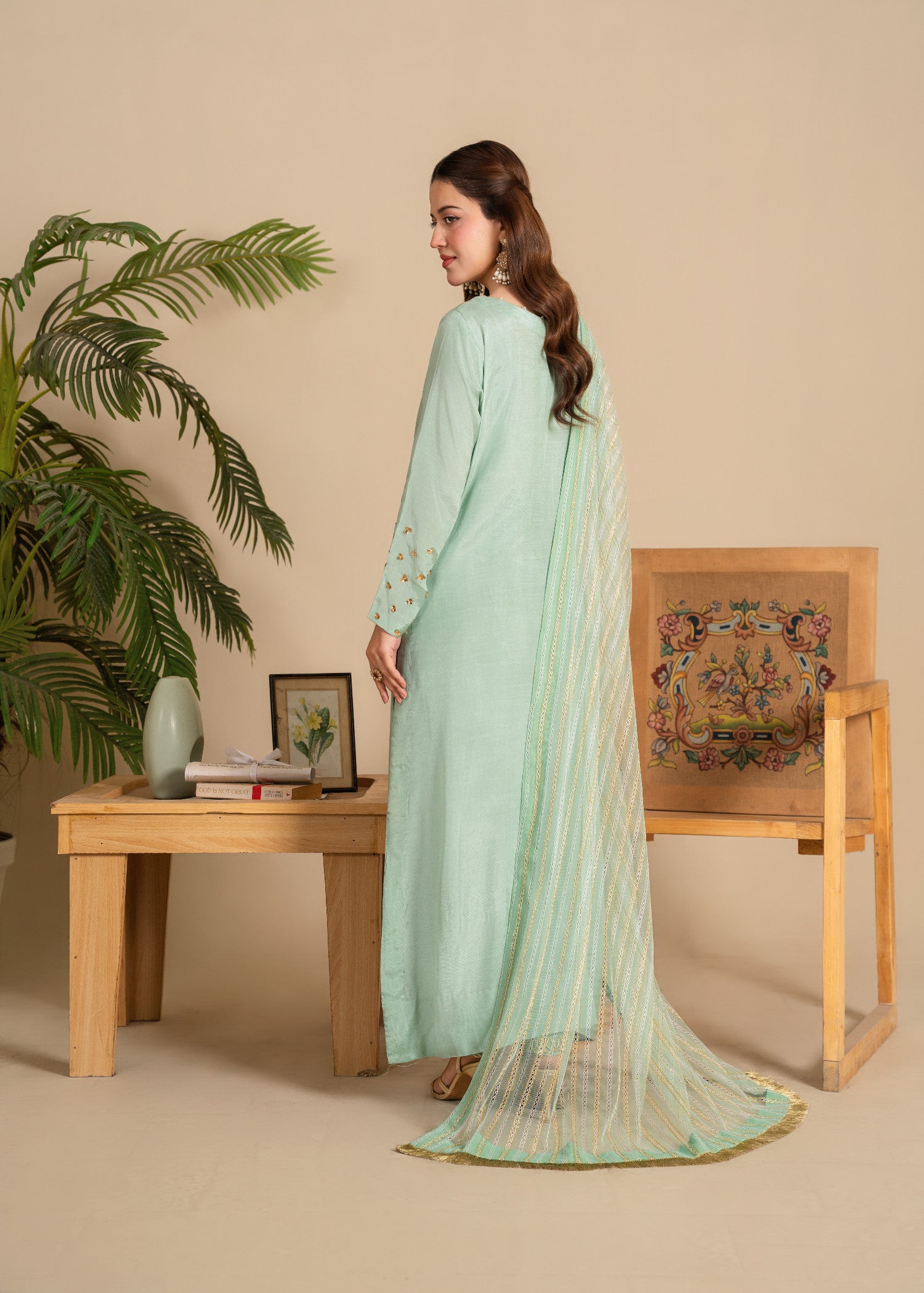 viscose raw silk Kurta Set in Moss green