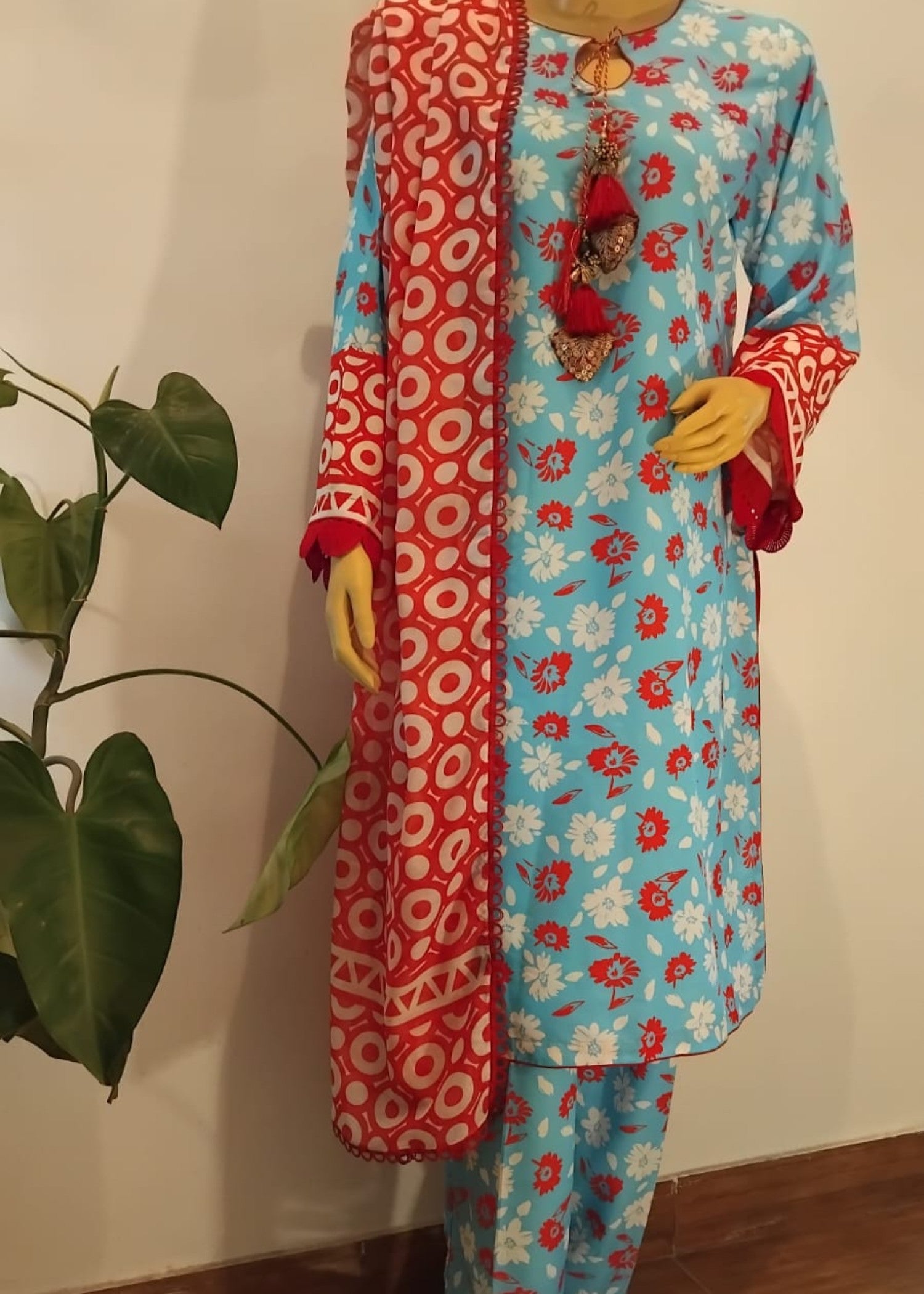 silk finish lawn Unstitched in Red, azure, dodger blue