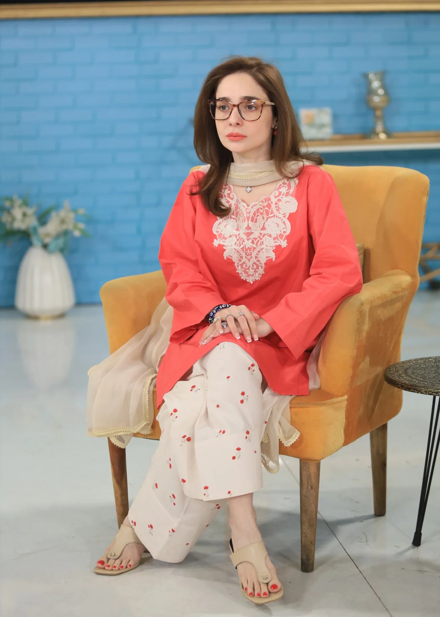 cotton Kurta Set in Coral red