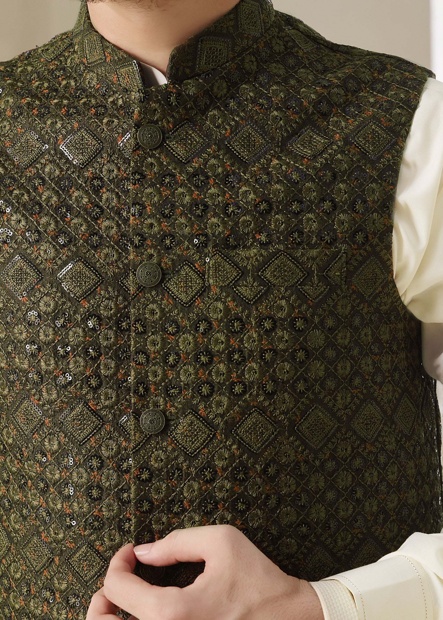 jamawar Waistcoat in Olive green